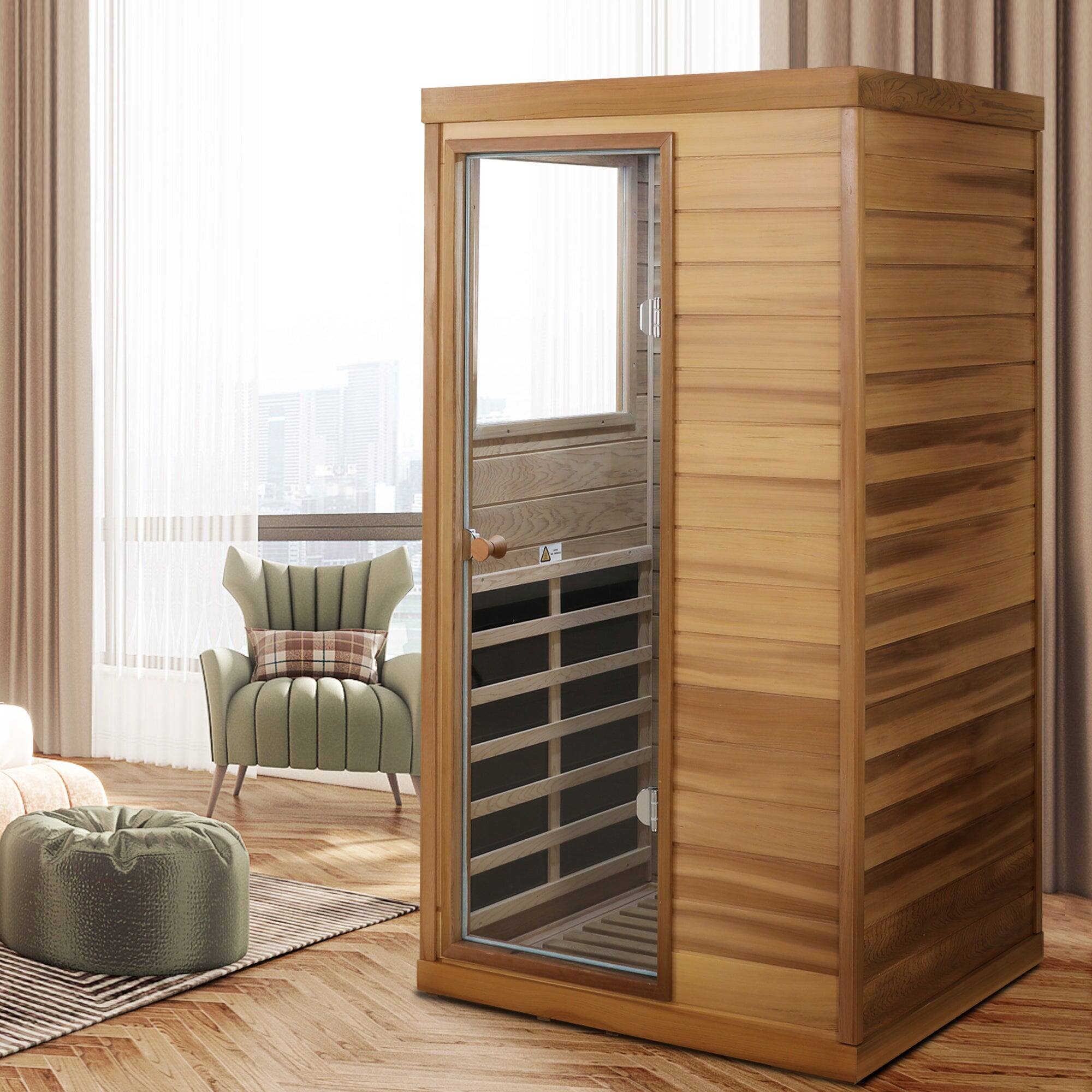 Alt View 3. Boyel Living - Red Cedar Mini One-Person Far Infrared Sauna with Left Glass Door and Bluetooth Audio and LED Reading Light - Natural Wood+Caramel.
