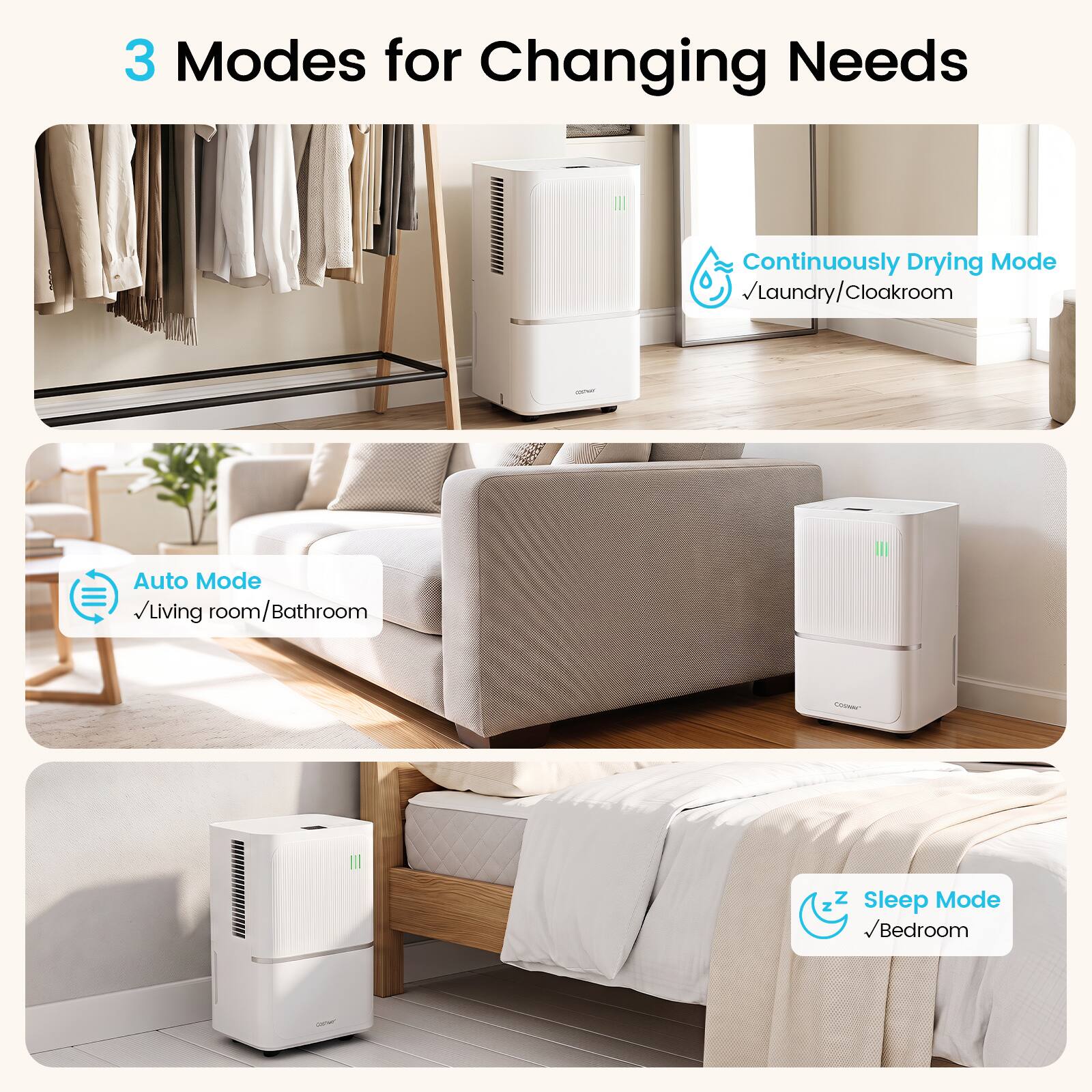 3 Modes for Changing Needs

- Continuously Drying Mode / Laundry/Cloakroom
- Auto Mode / Living room/Bathroom
- Sleep Mode / Bedroom