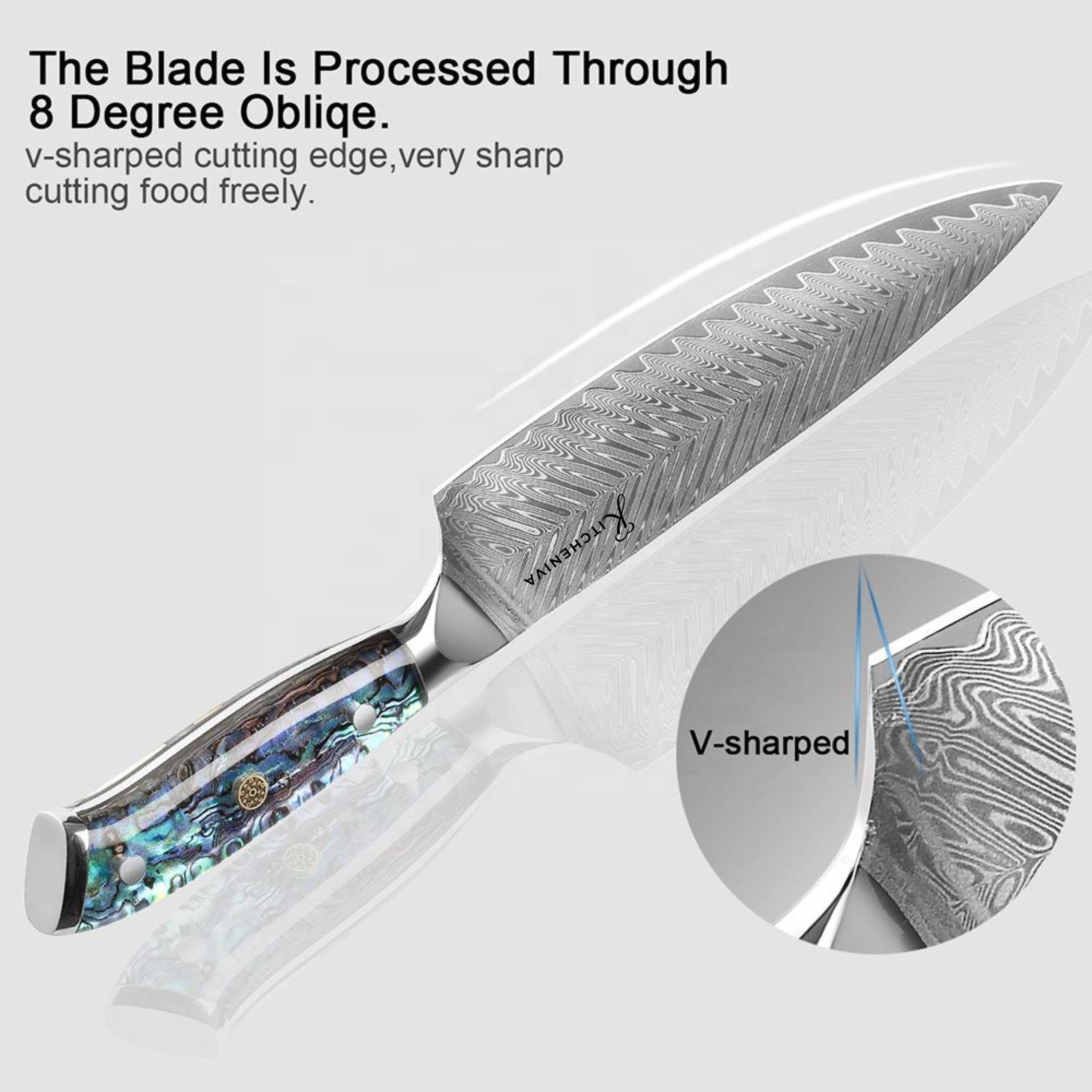 The Blade Is Processed Through 8 Degree Oblique.  
v-sharped cutting edge, very sharp cutting food freely.