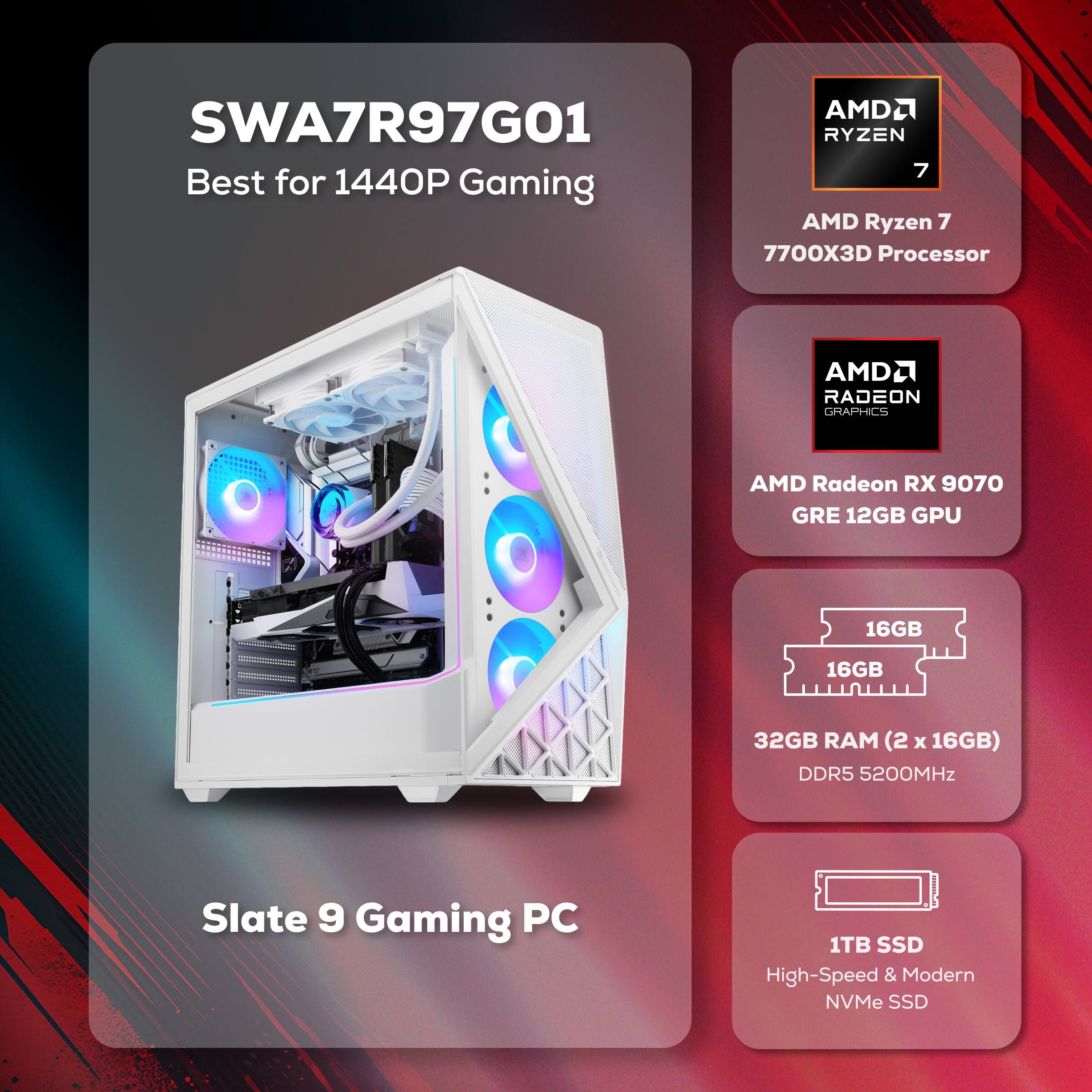 SWA7R97G01  
Best for 1440P Gaming

AMD Ryzen 7 7700X3D Processor

AMD Radeon RX 9070 GRE 12GB GPU

32GB RAM (2 x 16GB) DDR5 5200MHz

1TB SSD High-Speed & Modern NVMe SSD

Slate 9 Gaming PC