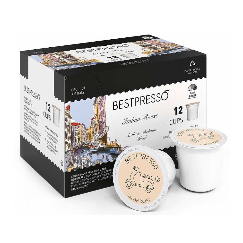 BESTPRESSO  
Italian Roast  
Arabica - Robusta Blend  
12 CUPS  

PRODUCT OF ITALY  

PLEASE RECYCLE YOUR PODS  

KEURIG® AND KEURIG® 2.0 ARE REGISTERED TRADEMARKS OF KEURIG GREEN MOUNTAIN, INC. BESTPRESSO, GREE, AND MOUNTAIN ARE NOT REGISTERED TRADEMARKS OF KEURIG GREEN MOUNTAIN, INC.  

BESTPRESSO  
100% COFFEE  
12 CUPS  

KEURIG® AND KEURIG® 2.0 ARE REGISTERED TRADEMARKS OF KEURIG GREEN MOUNTAIN, INC. BESTPRESSO, GREE, AND MOUNTAIN ARE NOT REGISTERED TRADEMARKS OF KEURIG GREEN MOUNTAIN, INC.  

BESTPRESSO  
ITALIAN ROAST  
Arabica - Robusta Blend  
12 CUPS  

PLEASE RECYCLE YOUR PODS  

DARK ROAST  

BESTPRESSO  
ITALIAN ROAST  
Arabica - Robusta Blend  
12 CUPS  

PLEASE RECYCLE YOUR PODS  

DARK ROAST  

BESTPRESSO  
ITALIAN ROAST  
Arabica - Rob