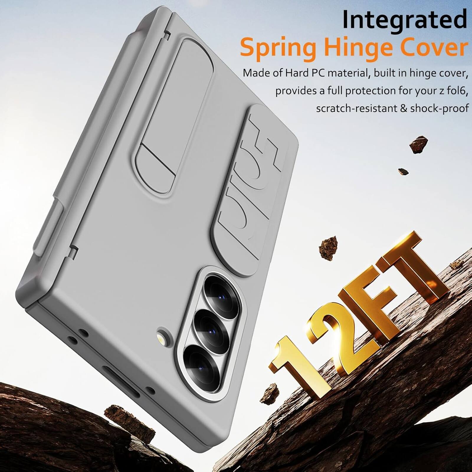 Integrated Spring Hinge Cover

Made of Hard PC material, built-in hinge cover, provides a full protection for your Z fold6, scratch-resistant & shock-proof

Fold 12FT