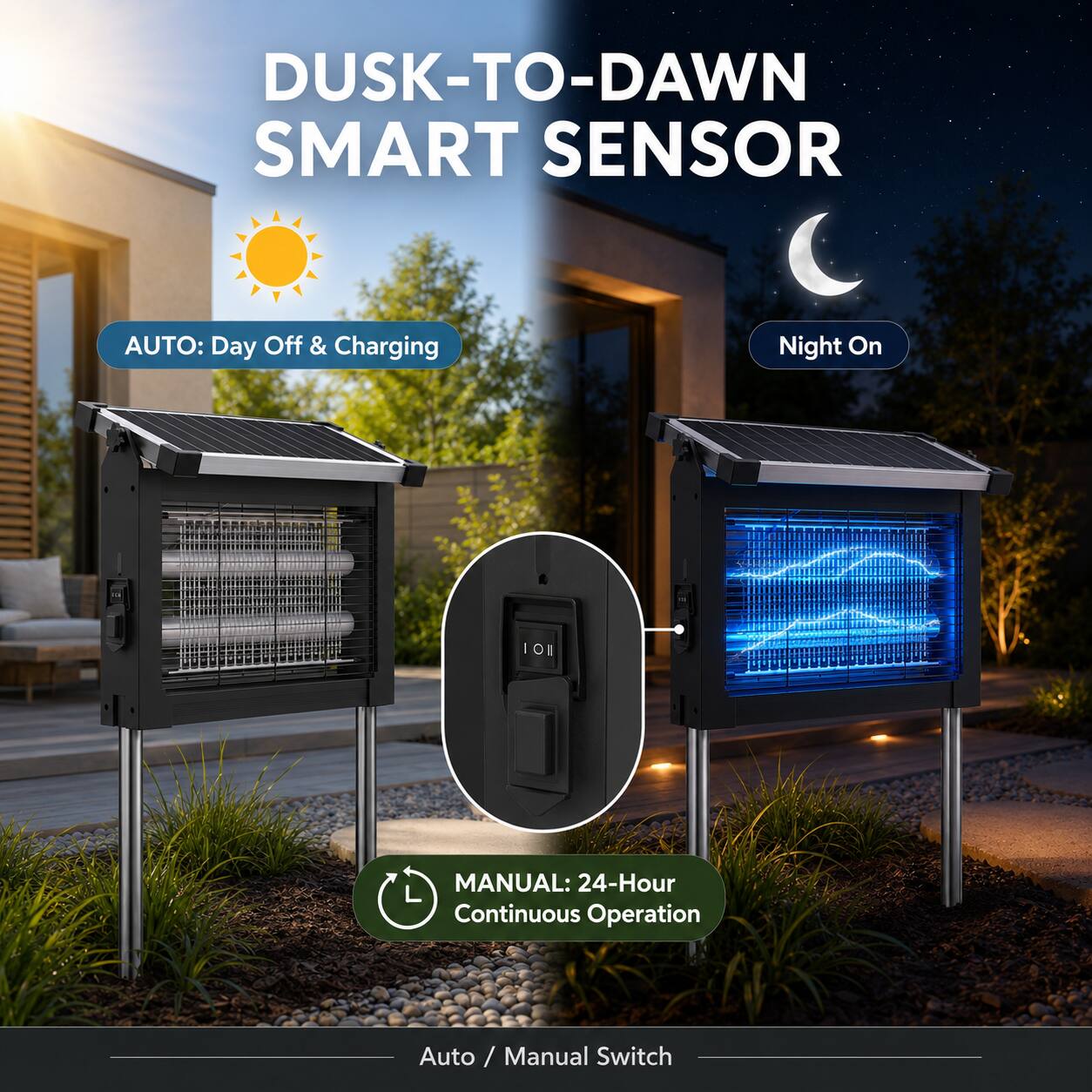 DUSK-TO-DAWN SMART SENSOR  
AUTO: Day Off & Charging  
Night On  

MANUAL: 24-Hour Continuous Operation  

Auto / Manual Switch