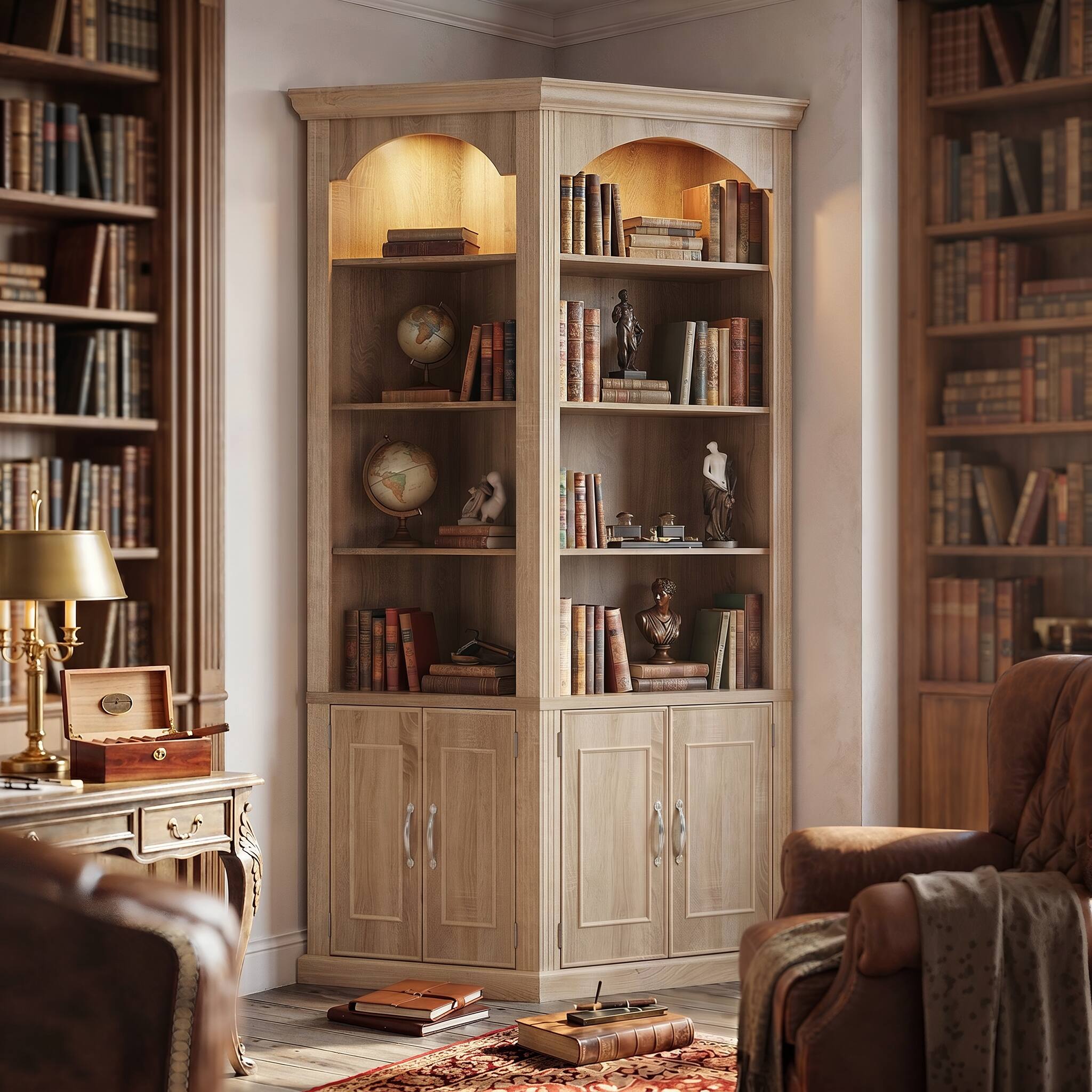 Left. FUFU & GAGA - Arched Display Cabinet with LED Lights, Illuminated Tall Bookcase for Living Room, Storage Cabinet with Doors & Shelves - Light Oak.