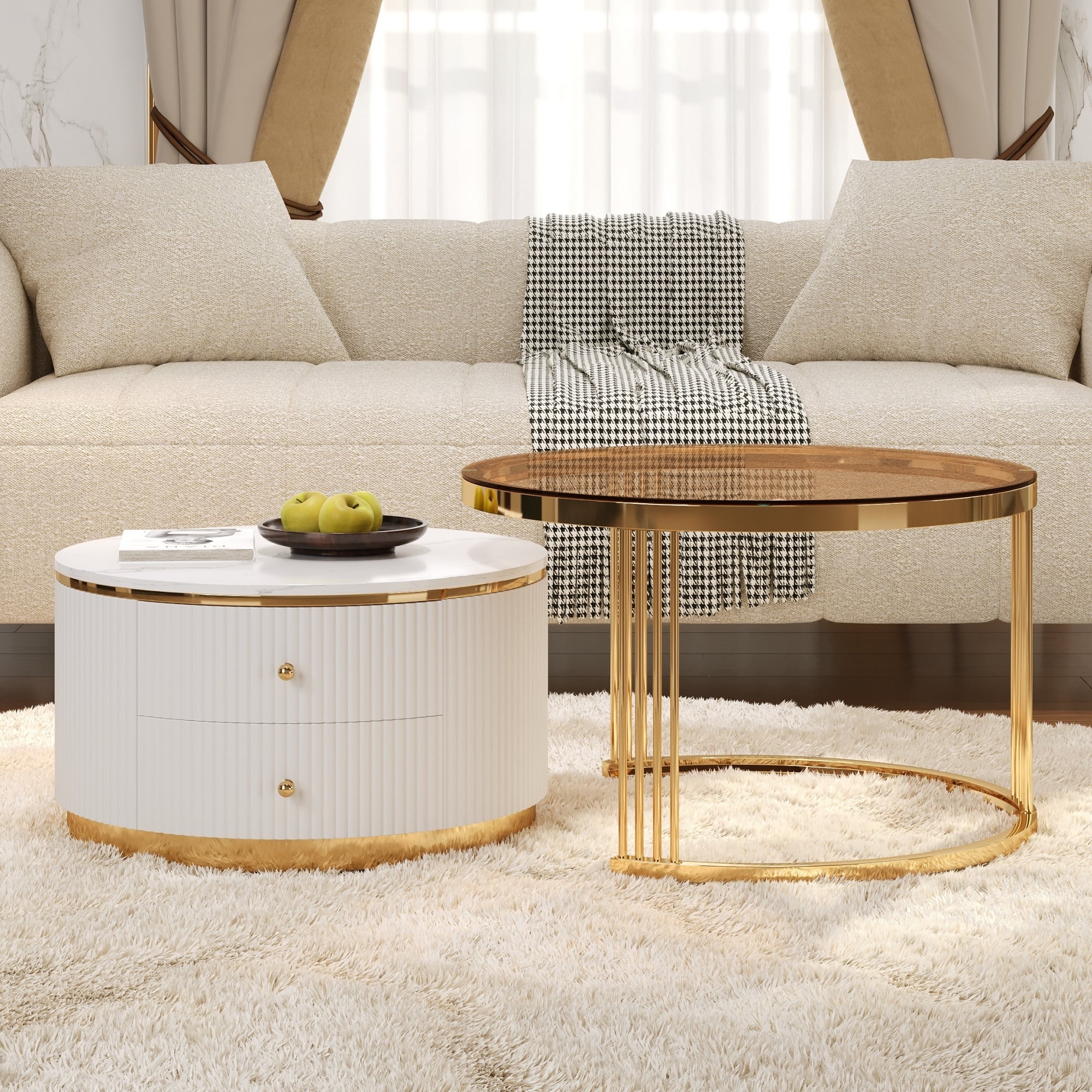 Loheer - 2-Piece Round Nesting Coffee Table Set with Drawers and Tempered Glass Top, 27.6 in - Brown,White