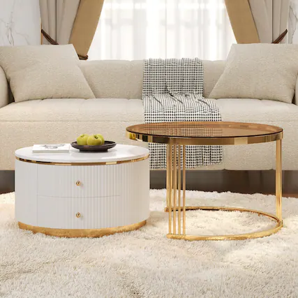 Front. Loheer - 2-Piece Round Nesting Coffee Table Set with Drawers and Tempered Glass Top, 27.6 in - Brown,White.