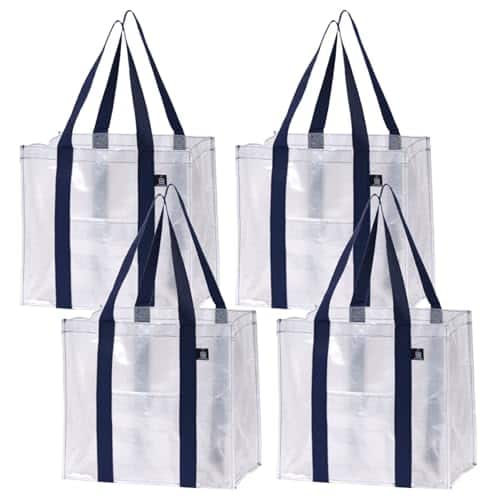 ESBANY - 4 Pack Reusable Grocery Bags, Heavy-Duty Shopping Bags with Handles, Bags for Shopping Cart with Hard Bottom to Stand - Clear