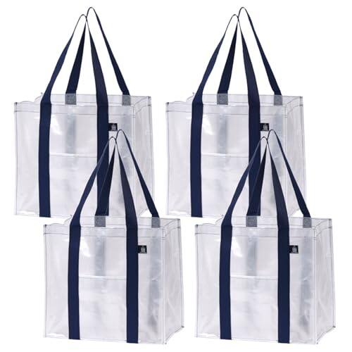 Front. DORLUKFU - 4 Pack Reusable Grocery Bags, Heavy-Duty Shopping Bags with Handles, Bags for Shopping Cart with Hard Bottom to Stand - Clear.