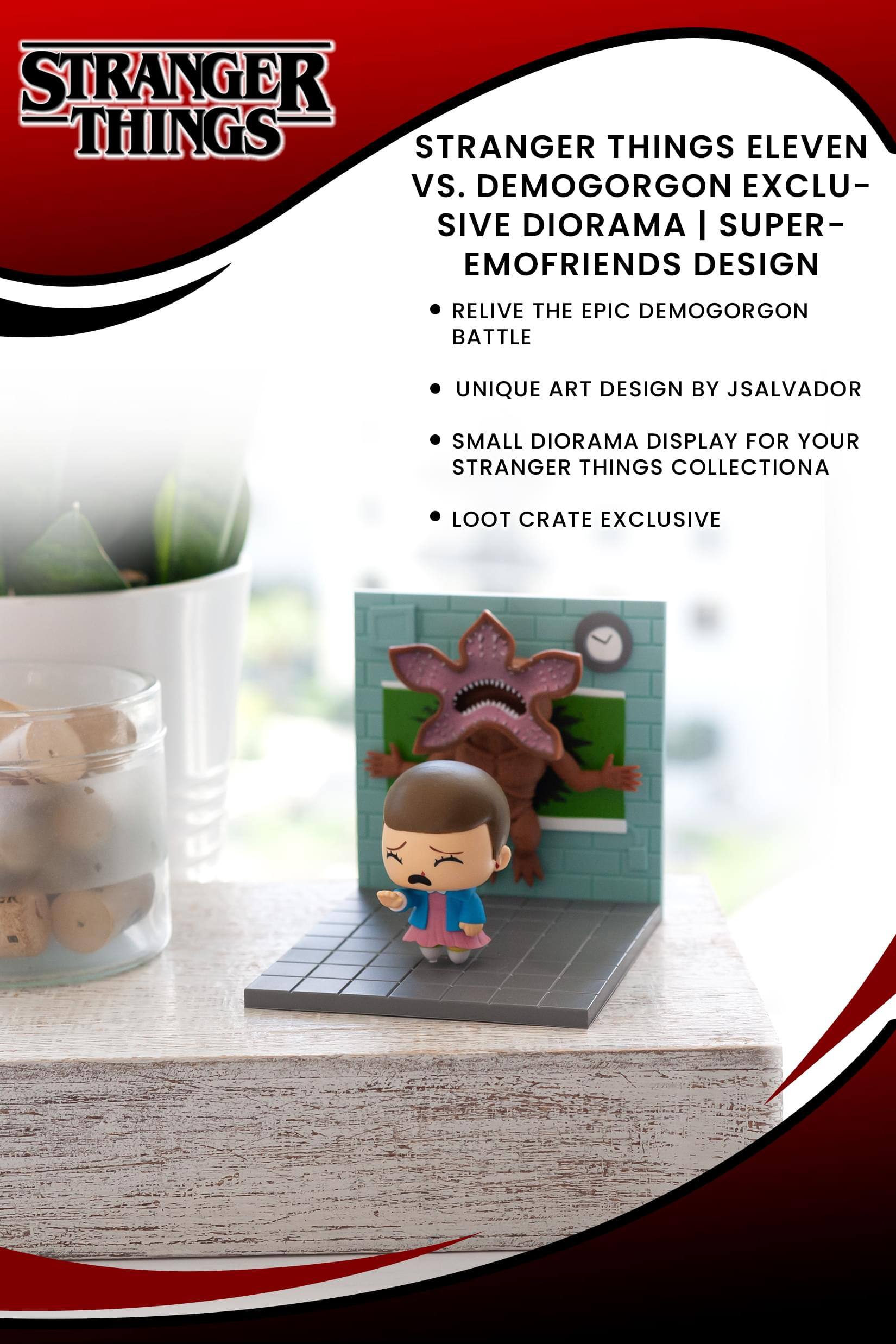 STRANGER THINGS STRANGER THINGS ELEVEN Vs. DEMOGORGON EXCLUSIVE DIORAMA | SUPER-EMOFRIENDS DESIGN RELIVE THE EPIC DEMOGORGON BATTLE UNIQUE ART DESIGN BY JSALVADOR SMALL DIORAMA DISPLAY FOR YOUR STRANGER THINGS COLLECTIONA LOOT CRATE EXCLUSIVE