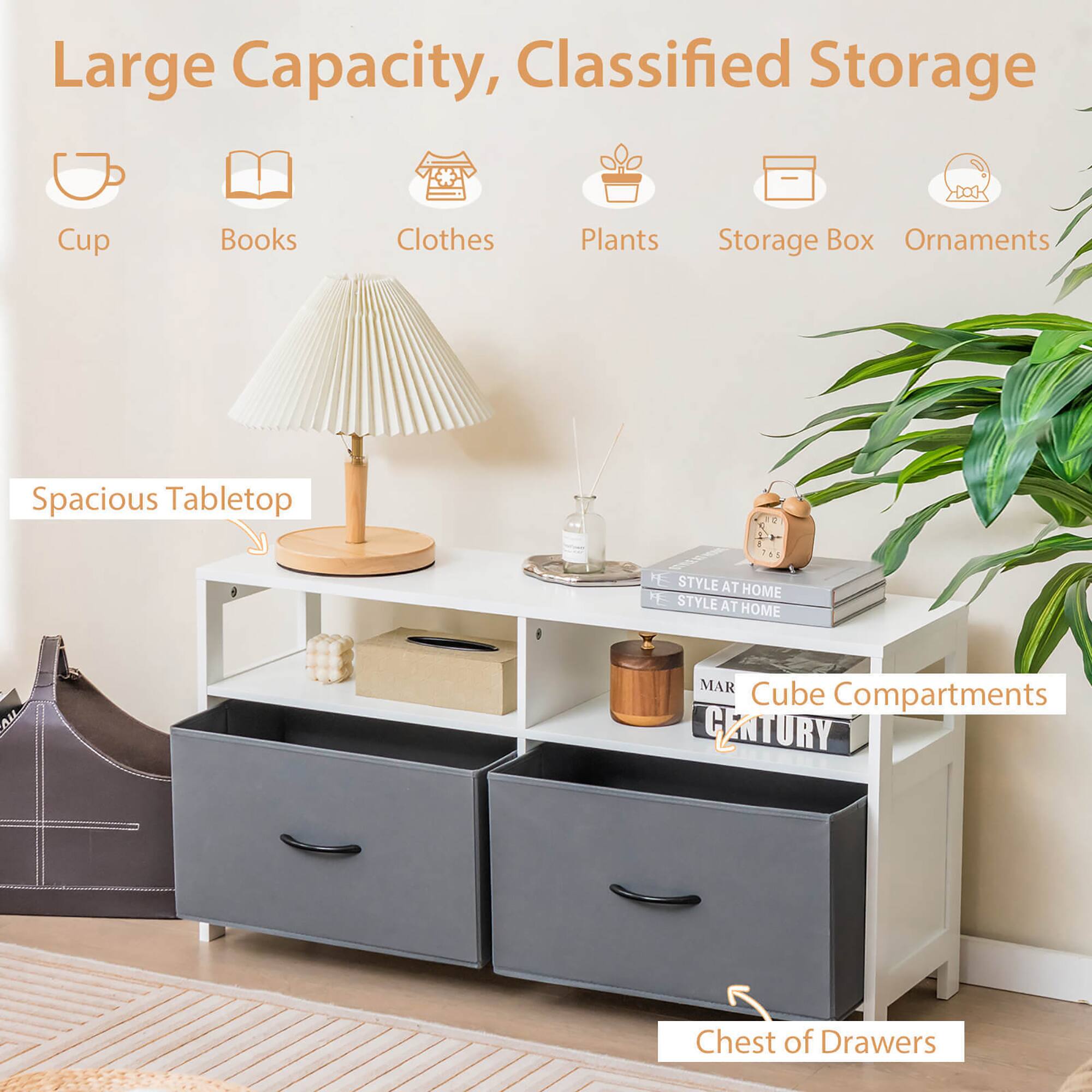 Large Capacity, Classified Storage

- Cup
- Books
- Clothes
- Plants
- Storage Box
- Ornaments

Spacious Tabletop

Cube Compartments

Chest of Drawers