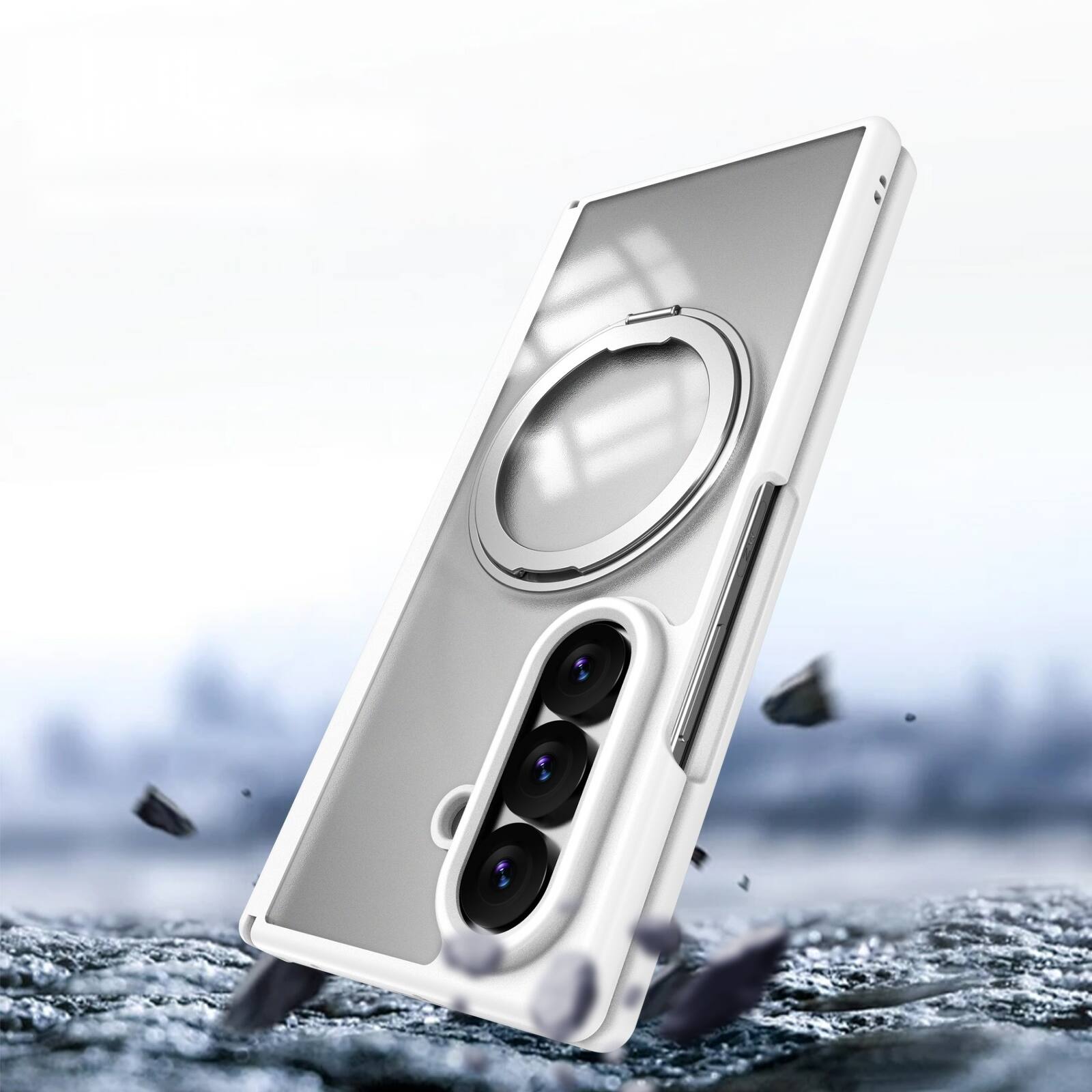 Left. Dteck - Shockproof Case for Samsung Galaxy Z Fold8 Ultra with Stand, Magnetic PC Cover Built in Screen Film and Hinge Protection - White.