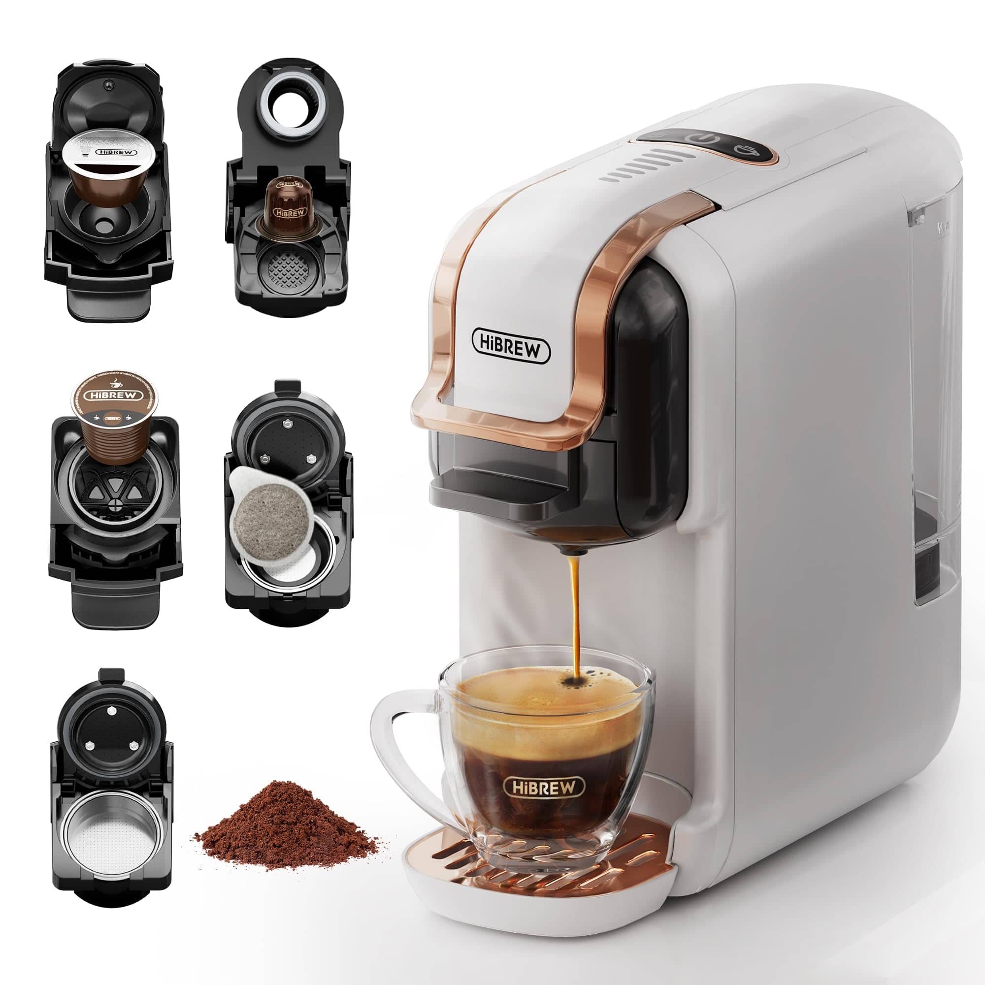 HiBREW - H2B 5-in-1 Pods & Grounds Single-Serve Iced Coffee Maker-Compatible w/ 4 Coffee Capsule & Espresso Powder-K-cup/Espresso - White