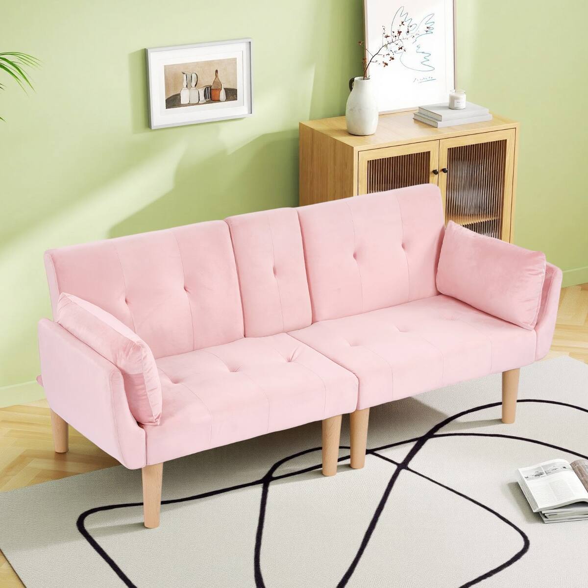 Back. Ropilly - Ropilly Pink Velvet Loveseat Foldable Sofa, 72 Inch Upholstered Couch for Small Living Room Apartment - Pink.
