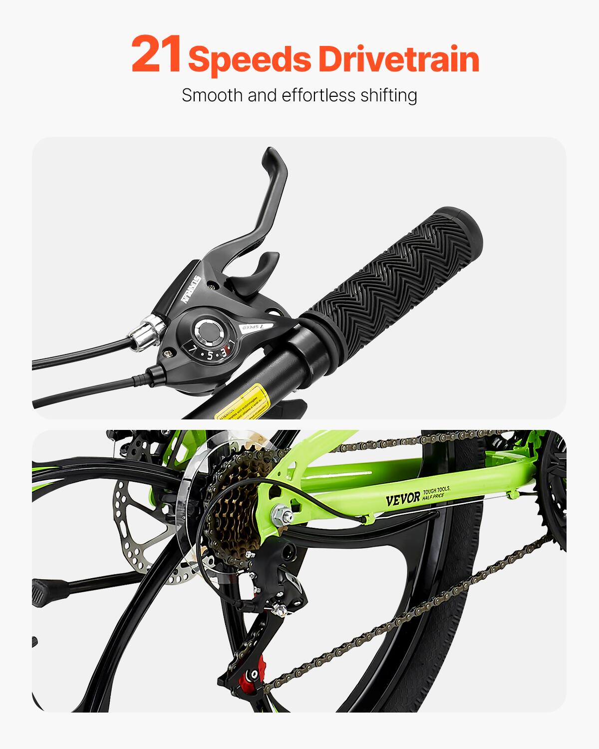 21 Speeds Drivetrain, Smooth and effortless shifting, TOUGH TOOLS, VEVOR MADE IN CHINA