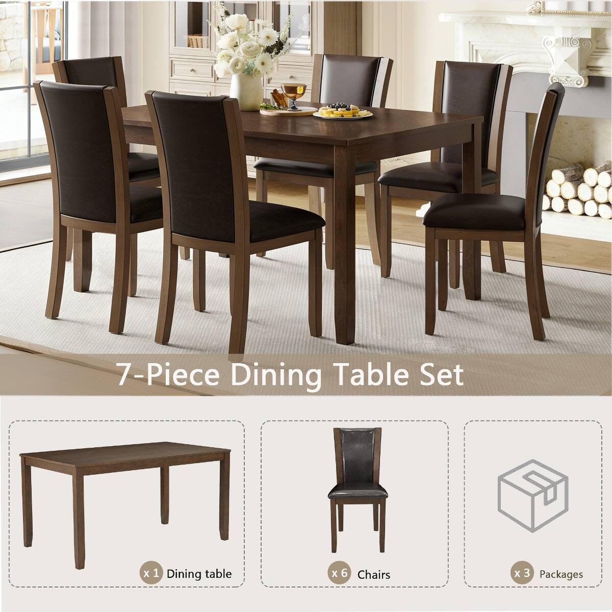 7-Piece Dining Table Set

1 Dining table
6 Chairs
3 Packages