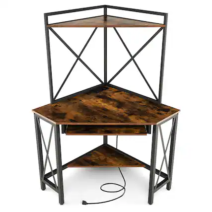 Front. Sugift - Space-Saving Corner Computer Desk with with Hutch and Keyboard Tray-Rust - Brown.