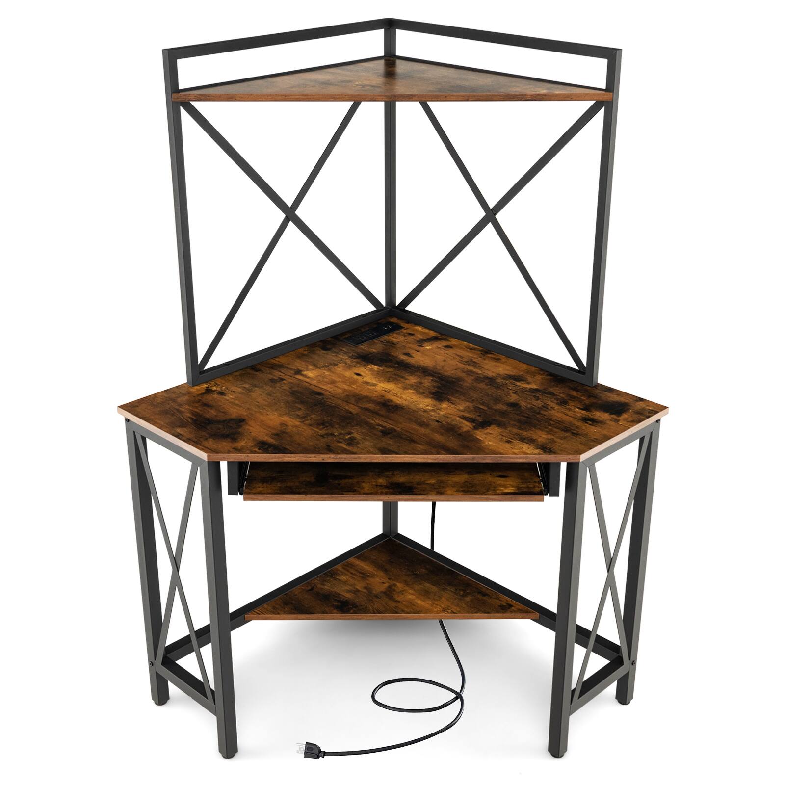 Front. Sugift - Space-Saving Corner Computer Desk with with Hutch and Keyboard Tray-Rust - Brown.