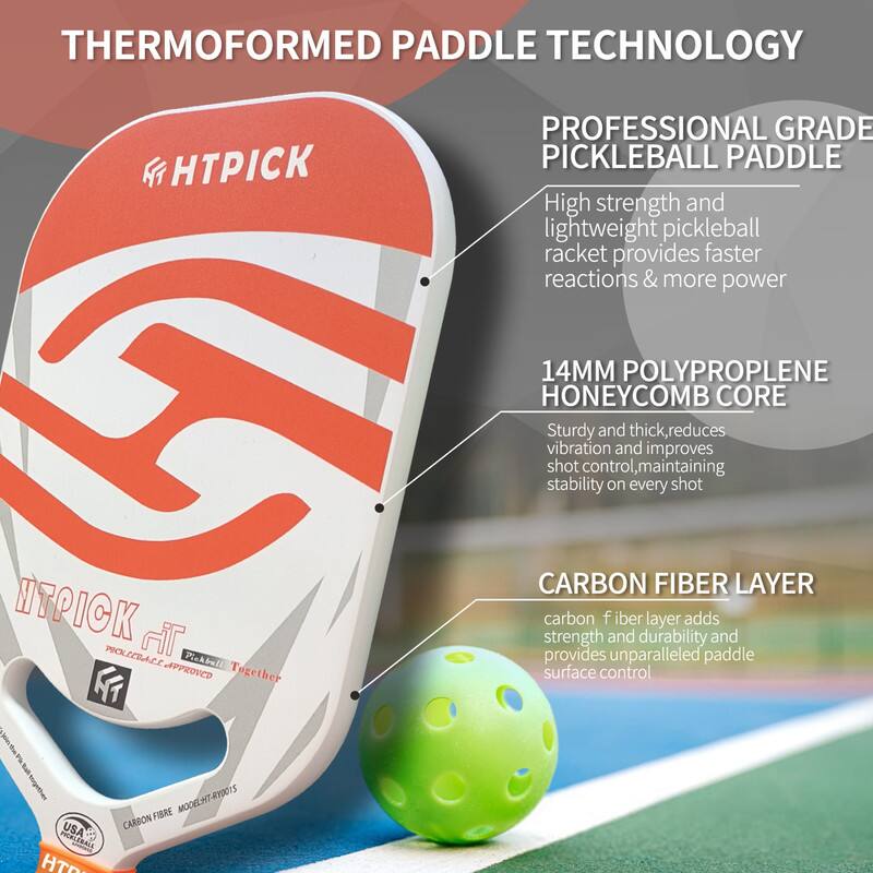 **THERMOFORMED PADDLE TECHNOLOGY**

**PROFESSIONAL GRADE PICKLEBALL PADDLE**

- High strength and lightweight pickleball racket provides faster reactions & more power

- **14MM POLYPROPYLENE HONEYCOMB CORE**
  - Sturdy and thick, reduces vibration and improves shot control, maintaining stability on every shot

- **CARBON FIBER LAYER**
  - Carbon fiber layer adds strength and durability and provides unparalleled paddle surface control

**HTPICK**  
Pickleball Together  
PICKLEBALL APPROVED

**USA**  
CARBON FIBER  
MODEL: HT-RY001S