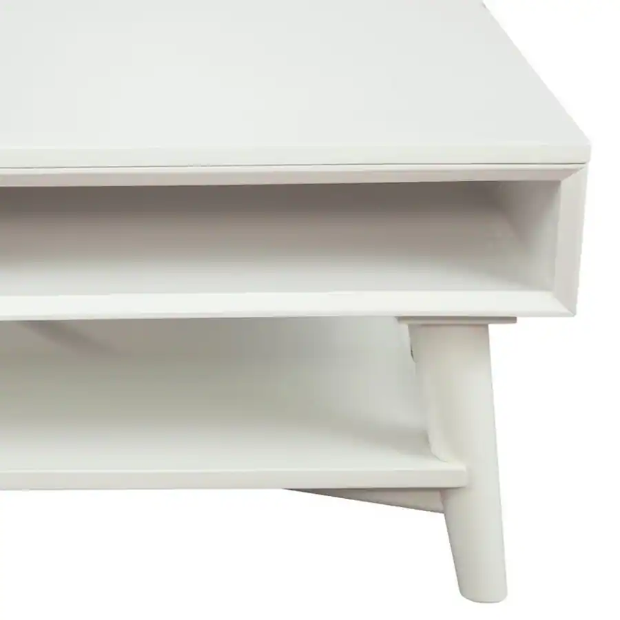 Side profile view of the white coffee table.
