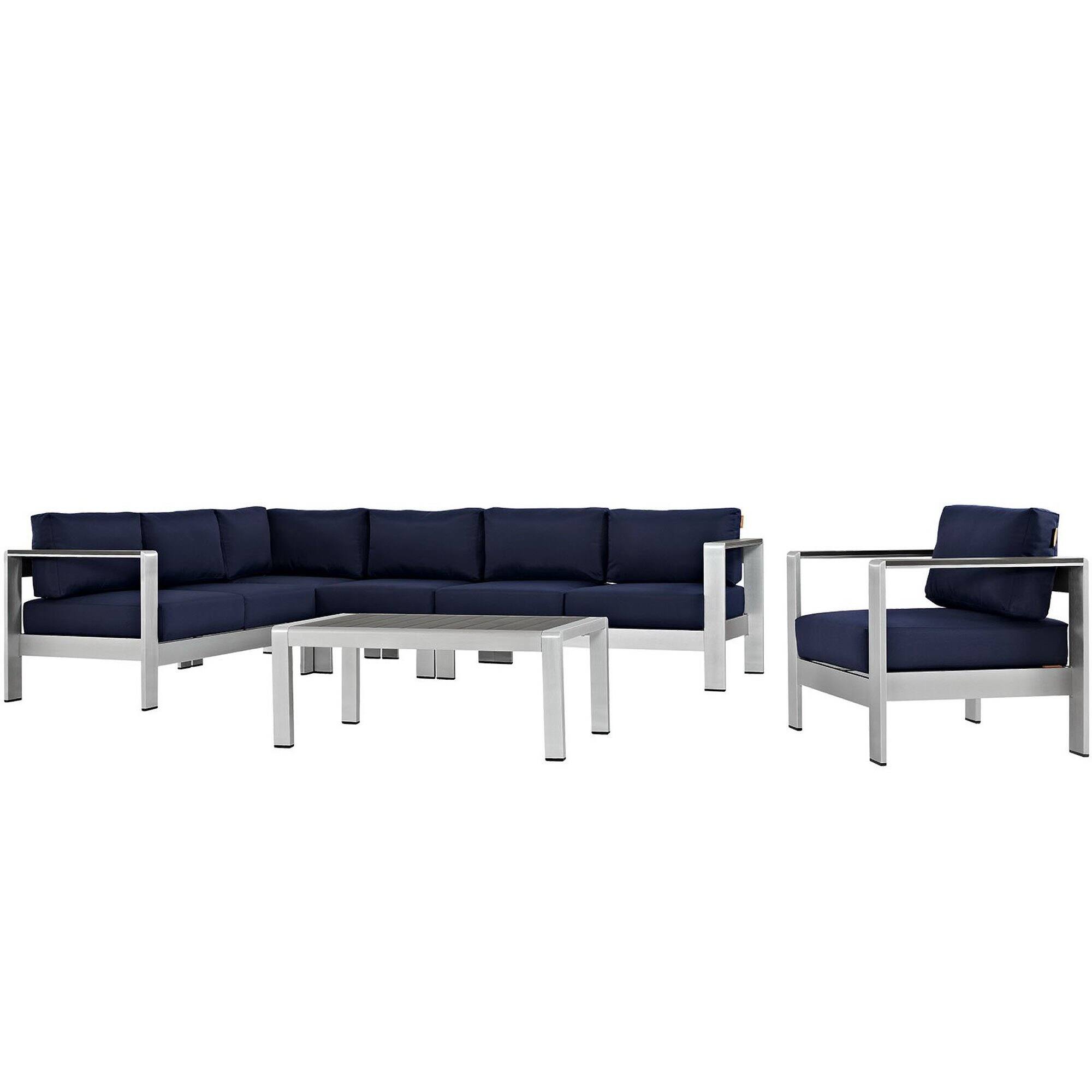 Front. Modway - Shore 6-Piece Outdoor Aluminum Sectional Sofa Set, All-Weather Cushions - Silver Navy.