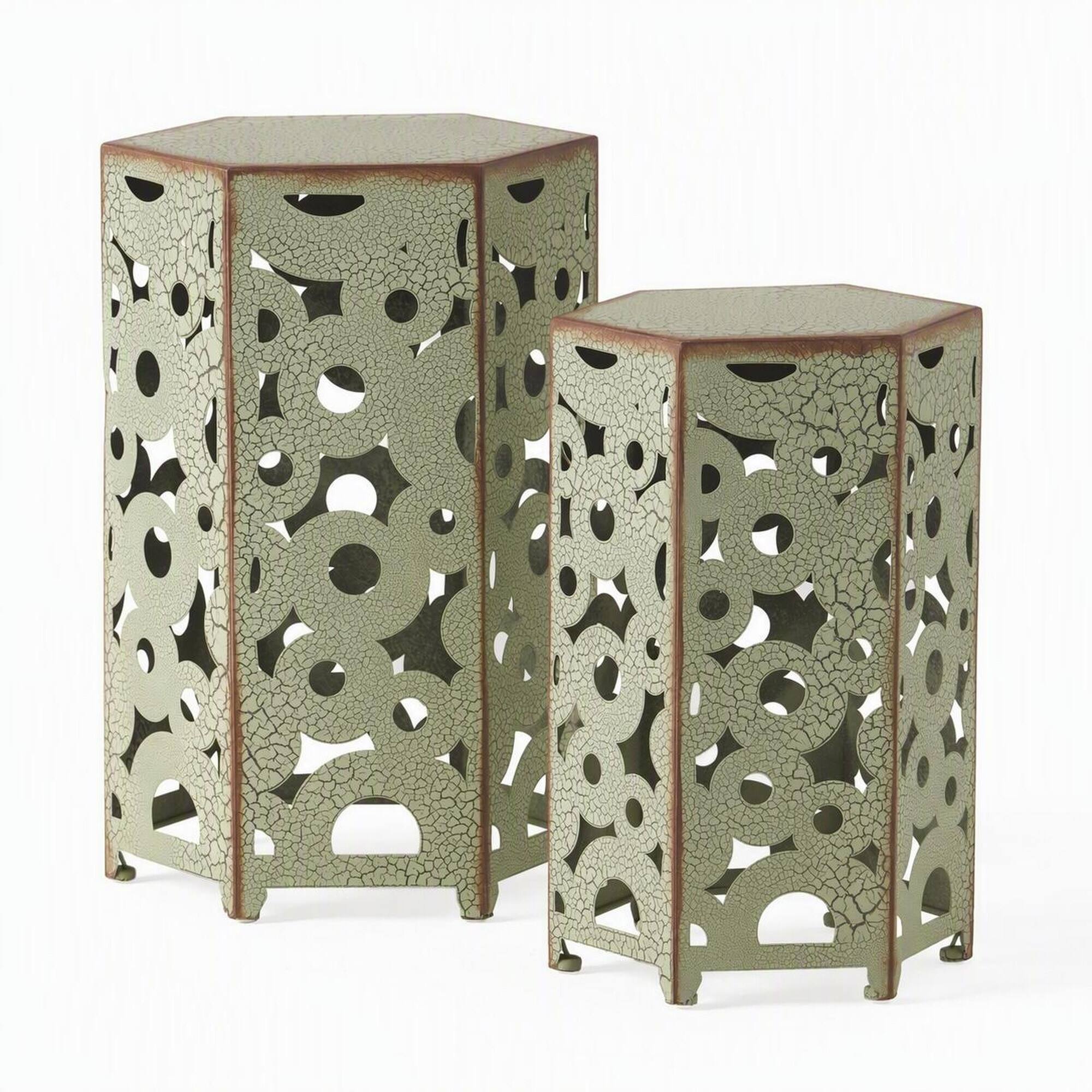 Front. RYHNUYNE - 2-Piece Outdoor Metal Nesting Side Tables, Decorative Cutout Accent Furniture for Patio Garden Porch - Antique Green.