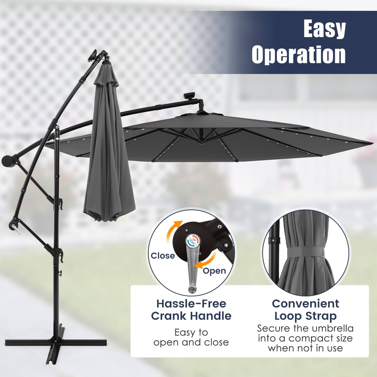 Easy Operation, Close, Open, Hassle-Free Crank Handle, Convenient Loop Strap, Secure the umbrella into a compact size when not in use, Easy to open and close
