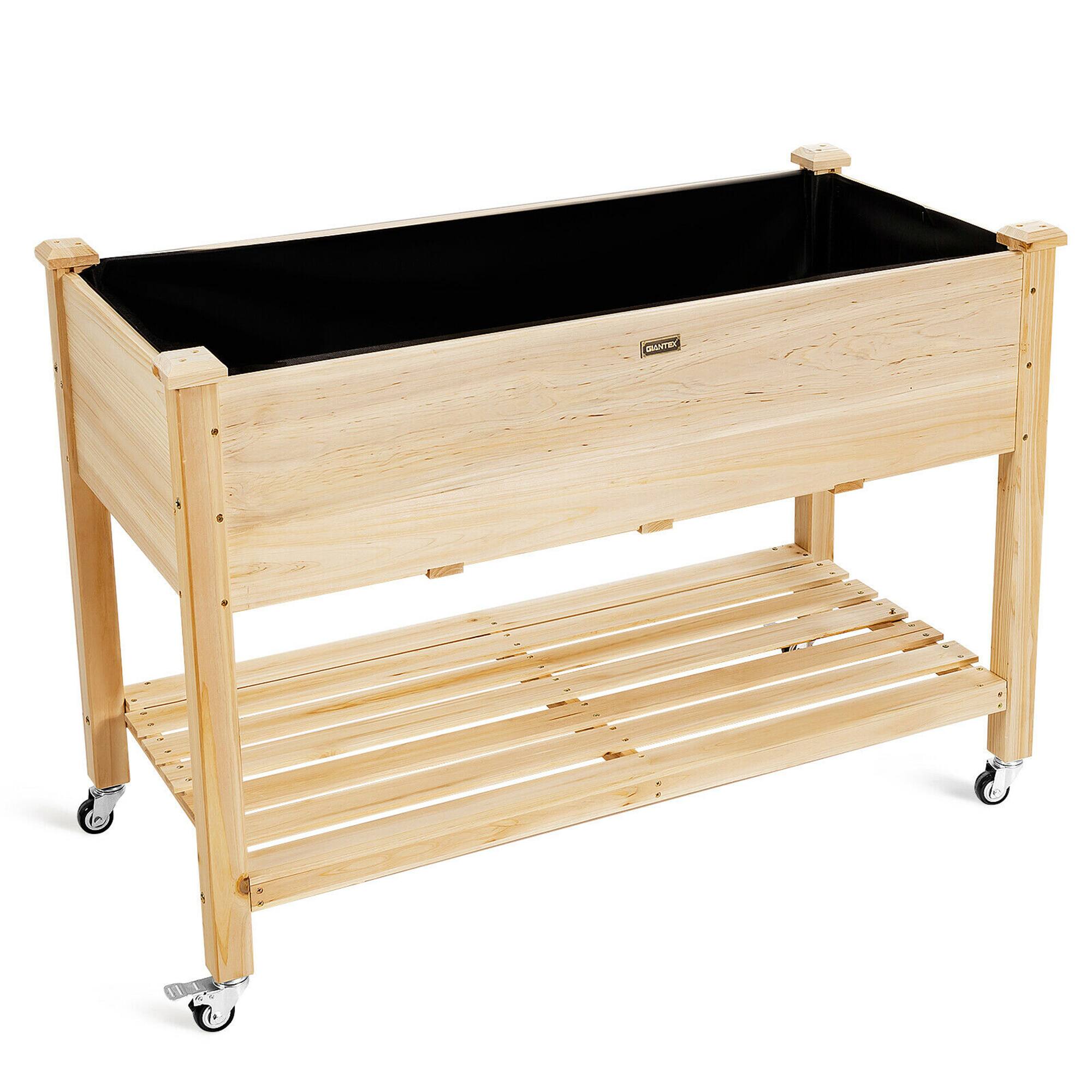 Alt View 2. Costway - Raised Garden Bed Wood Elevated Planter Bed w/Lockable Wheels Shelf & Liner - Natural.
