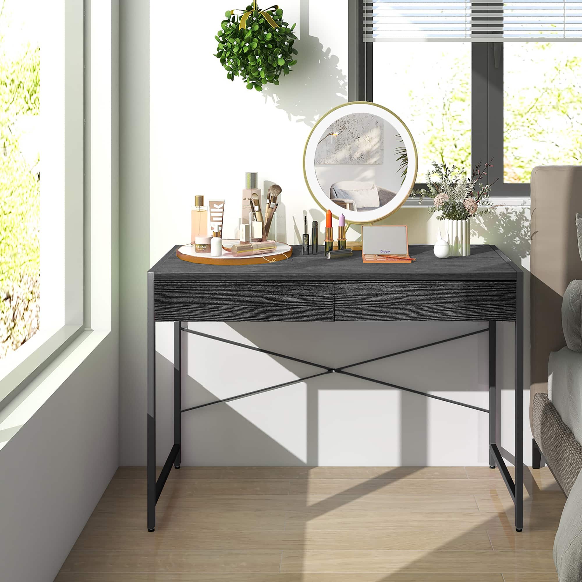 Alt View 11. Costway - Metal Framed Computer Desk with 2 Drawers - Black.