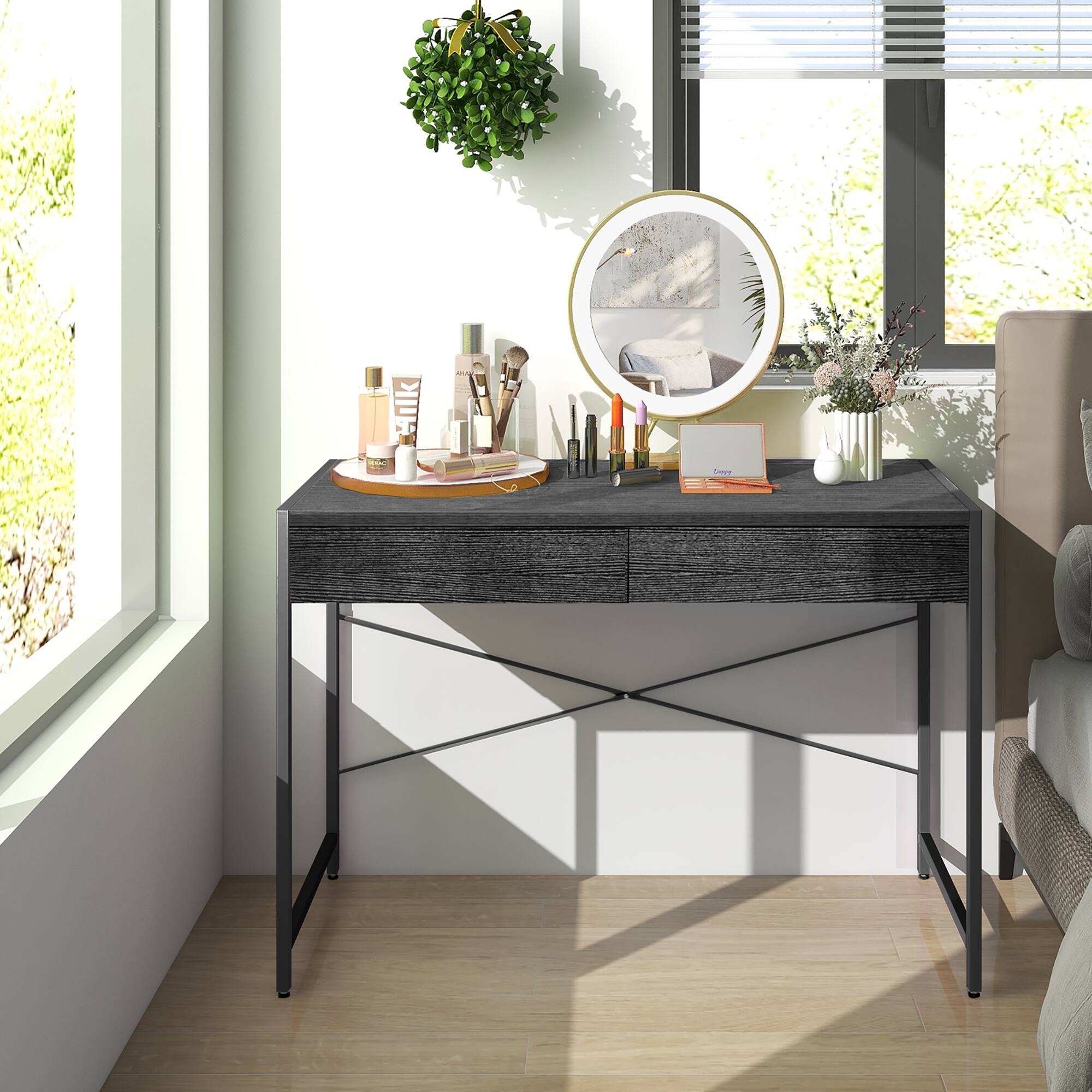 Alt View 11. Costway - Metal Framed Computer Desk with 2 Drawers - Black.