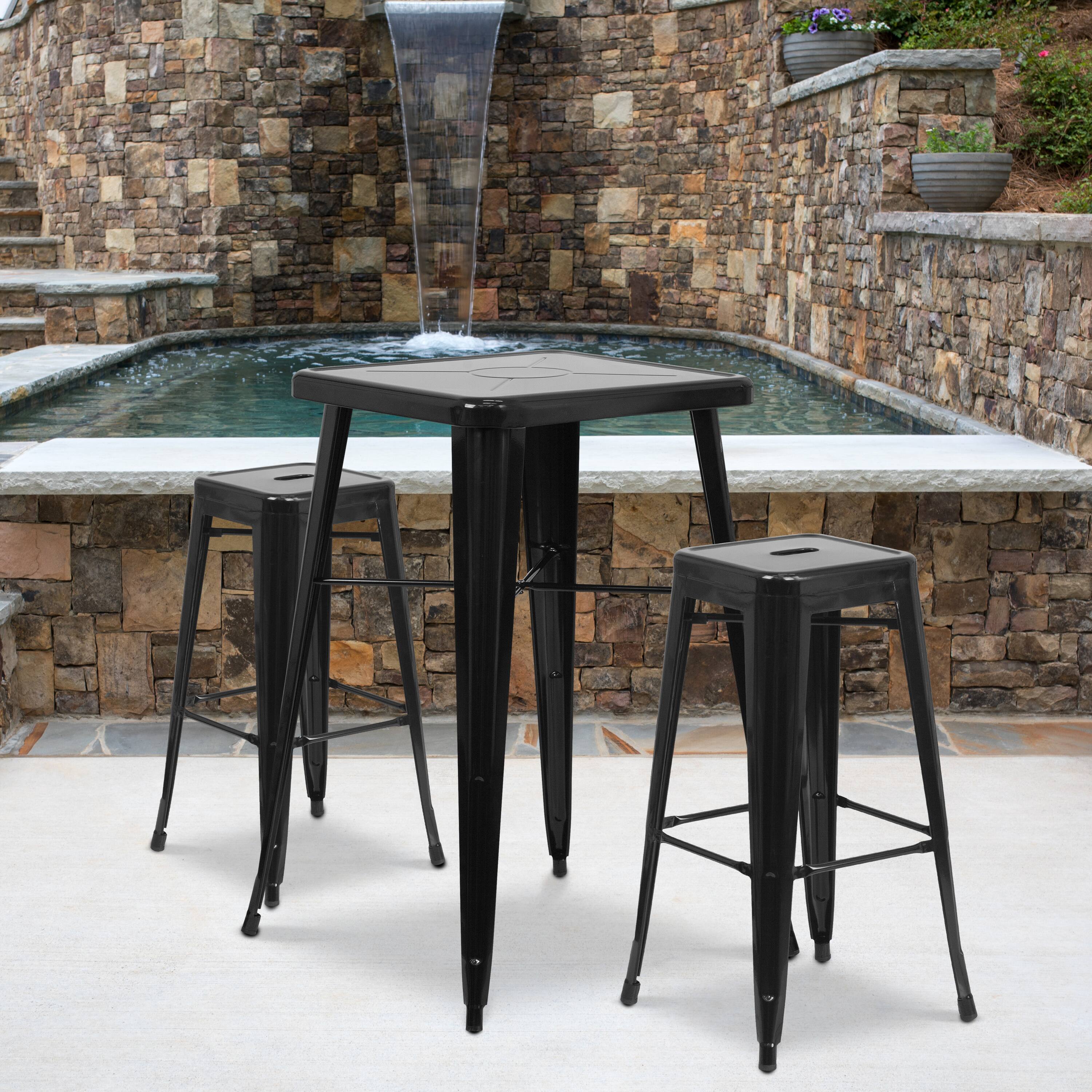 Angle. Flash Furniture - Stone Commercial Grade 23.75" Square Black Metal Indoor-Outdoor Bar Table Set with 2 Square Seat Backless Stools - Black.