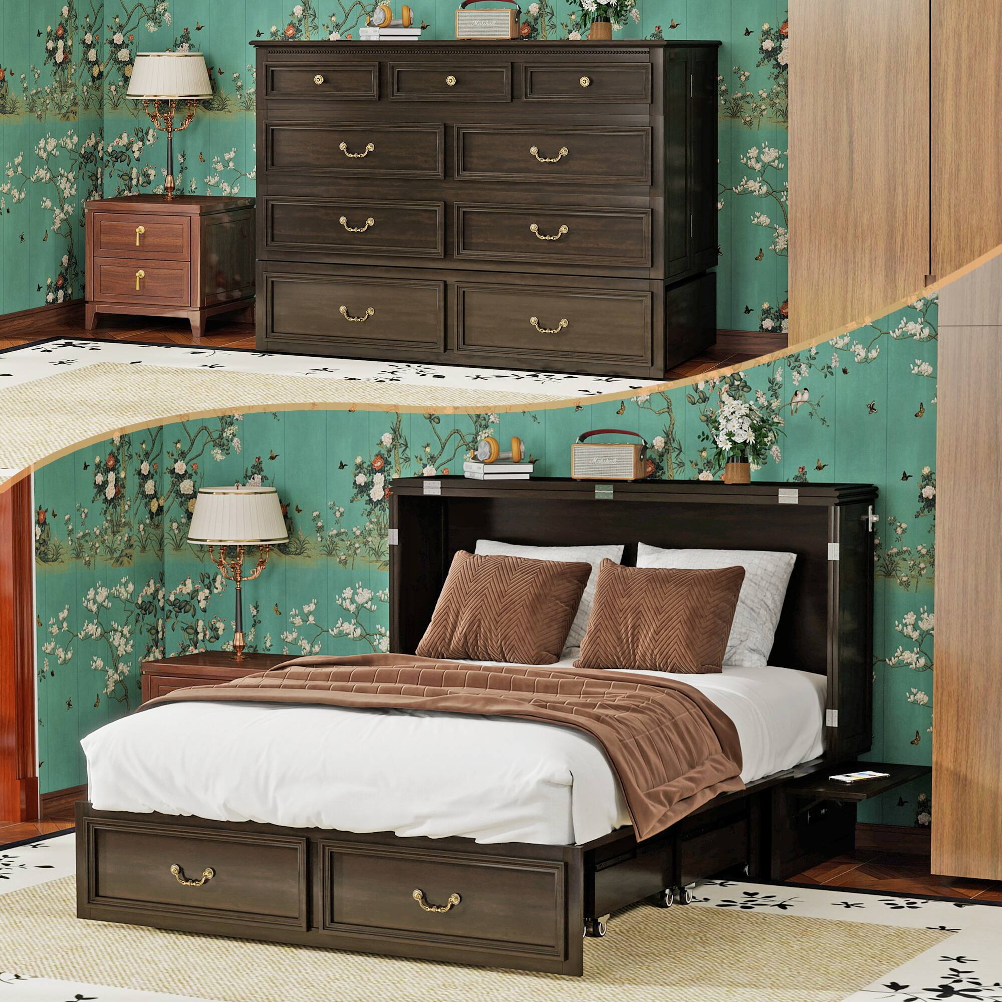 Livelylodge - Murphy Bed Cabinet Full, Solid Wood Murphy Bed with 2 USB & 2 Charging Ports,Brownish Black(Included Mattress) - Brownish Black Color