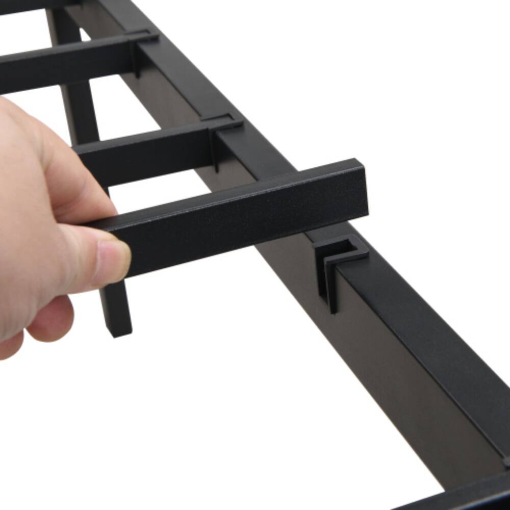 Back. LUCKY ONE - Full Size Metal Bed Frame with Wood Panel Headboard, Steel Structure, No Box Spring Needed, 10.8in Under-Bed Storage - Black+Brown.