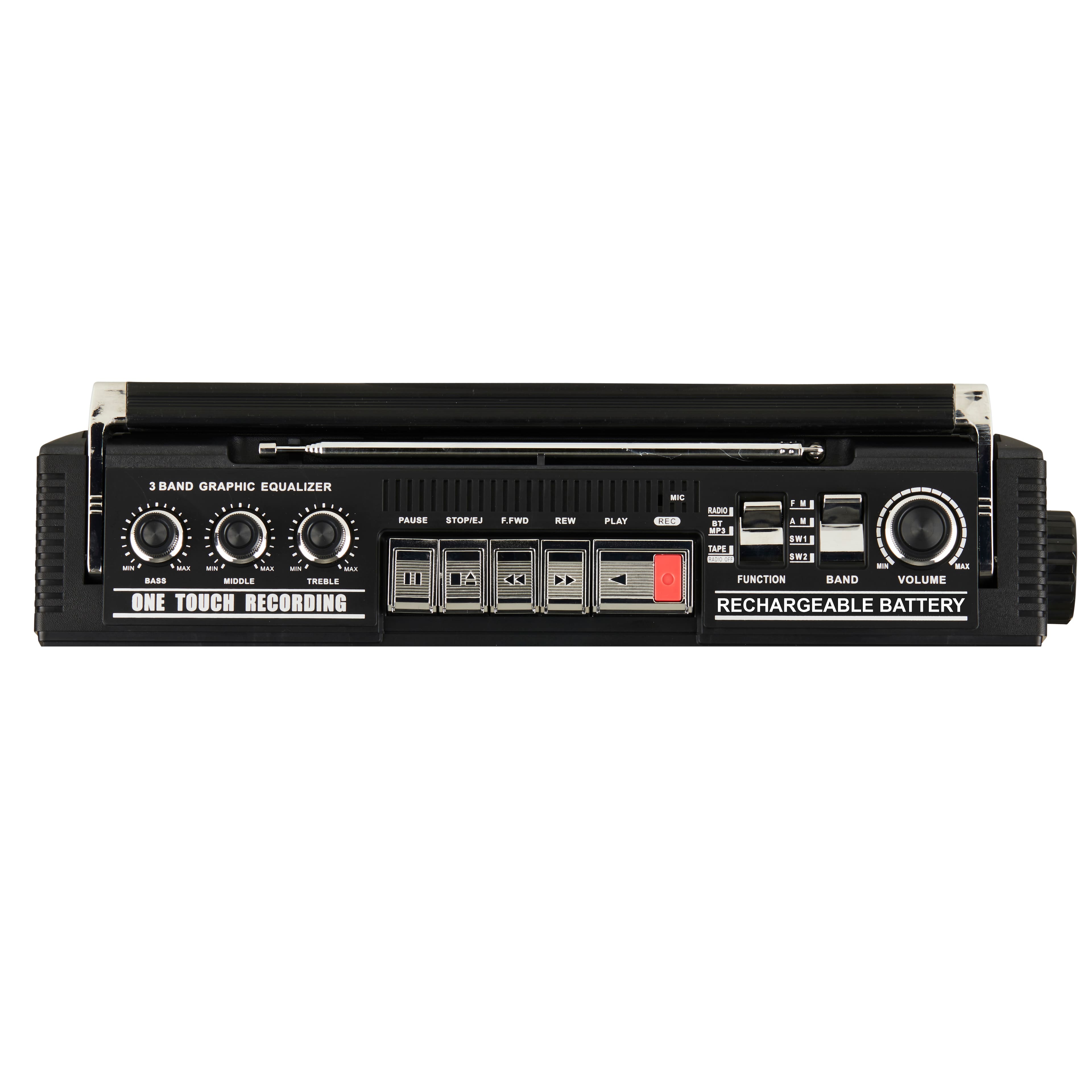 The image features a black device with a graphic equalizer, which has three bands for bass, mid, and treble. The device also has a one-touch recording function, a pause button, and a rechargeable battery. The device is designed for easy use and is suitable for various recording and music-related tasks.