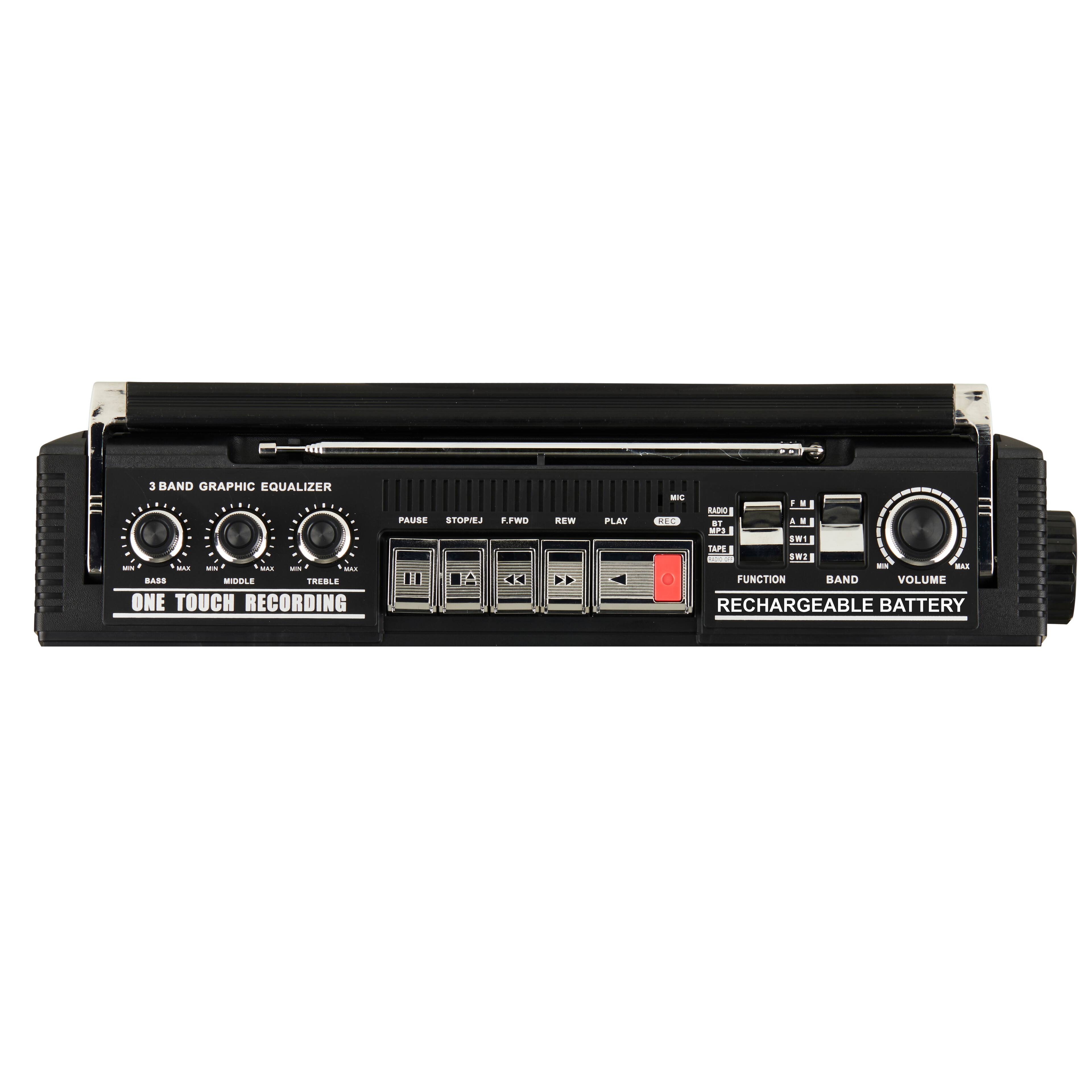 The image features a black device with a graphic equalizer, which has three bands for bass, mid, and treble. The device also has a one-touch recording function, a pause button, and a rechargeable battery. The device is designed for easy use and is suitable for various recording and music-related tasks.