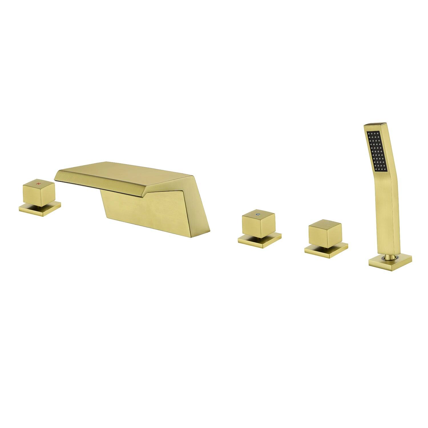 Alt View 1. Boyel Living - Brushed Gold Polygonal Cold and Hot Water Bathtub Faucet with Handheld Shower Waterfall Outlet Five Hole Installation - Brushed Gold.