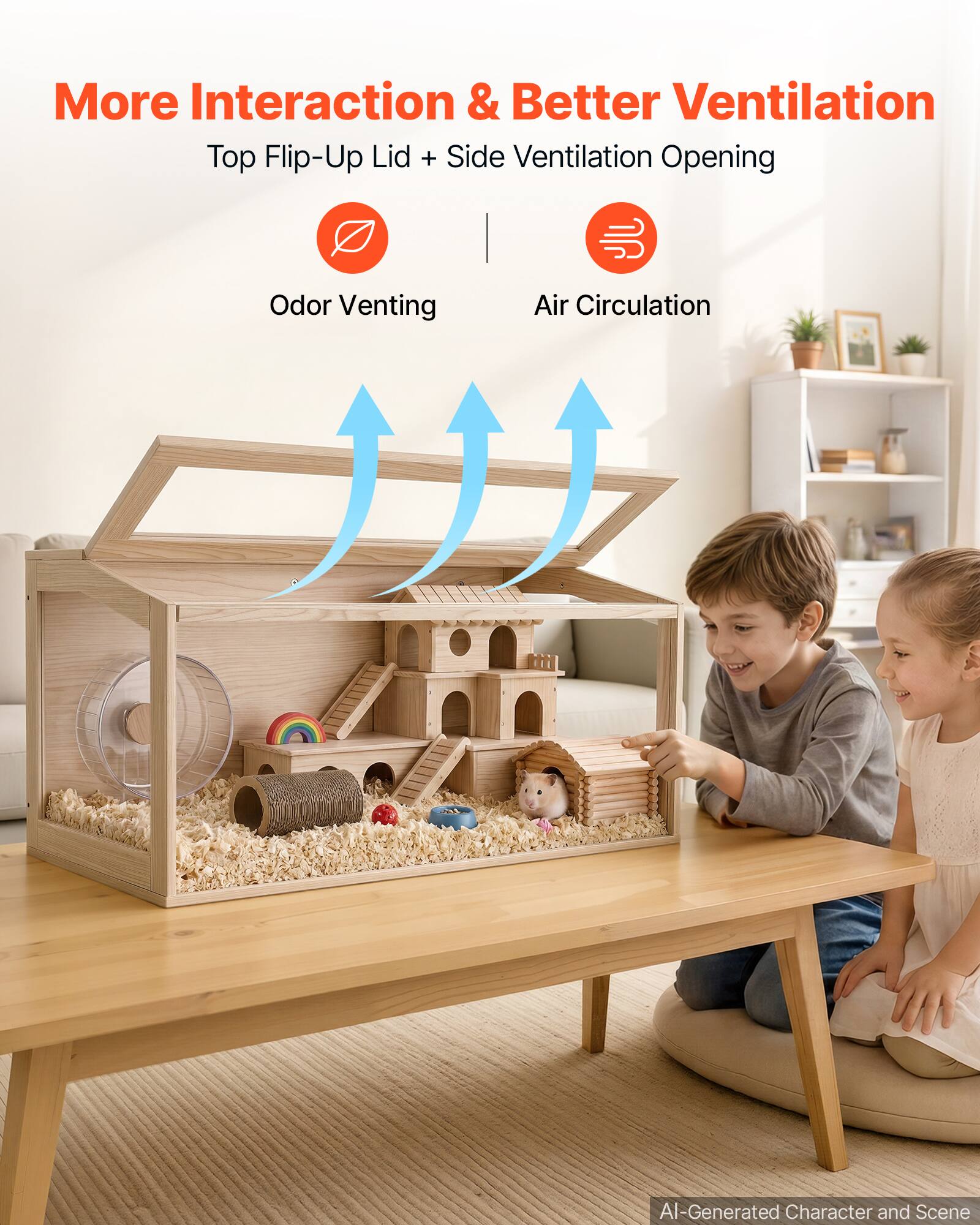 More Interaction & Better Ventilation  
Top Flip-Up Lid + Side Ventilation Opening  
Odor Venting Air Circulation  
AI-Generated Character and Scene