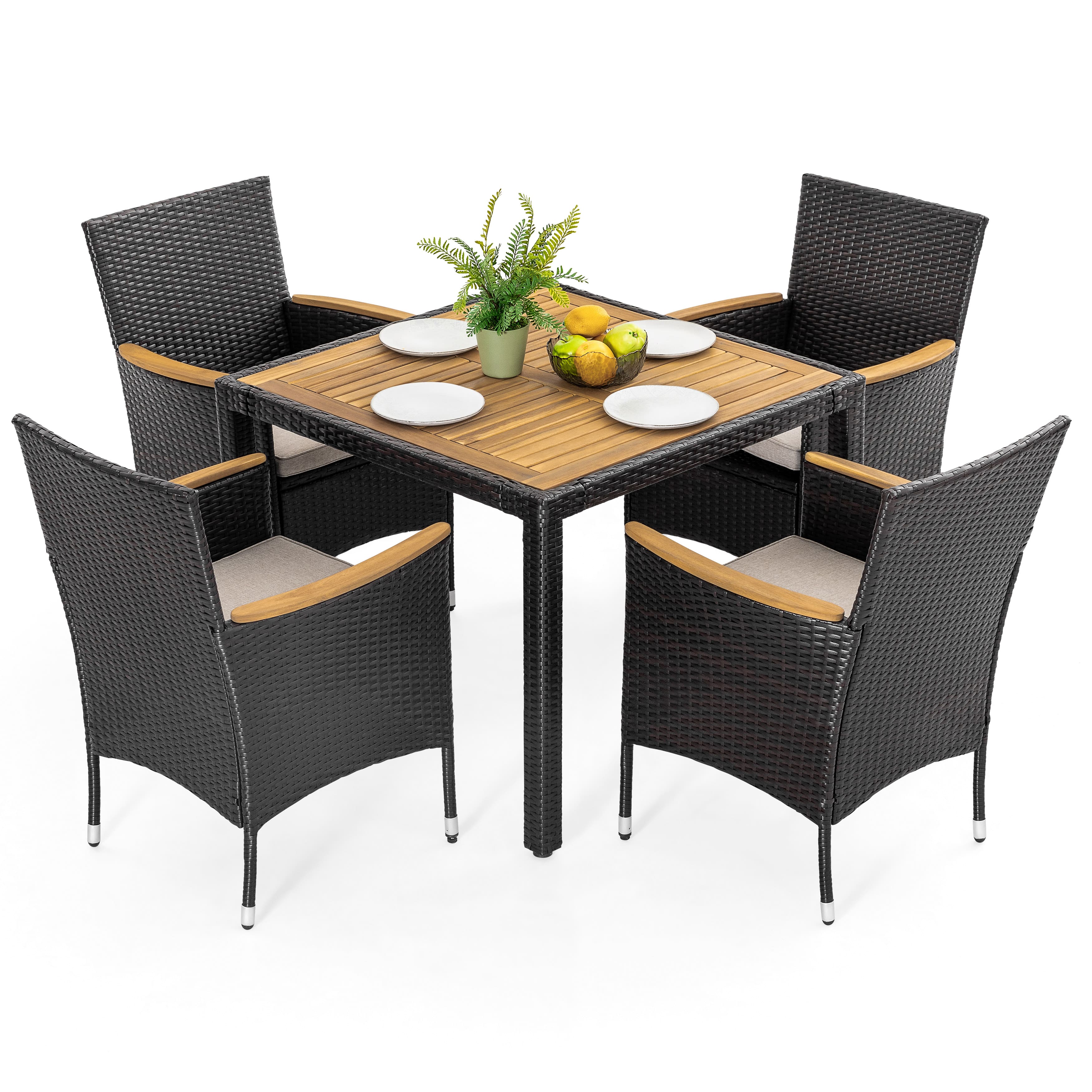 Nuu Garden - 5-Piece Acacia Wood Wicker Patio Dining Set with Cushions - Black