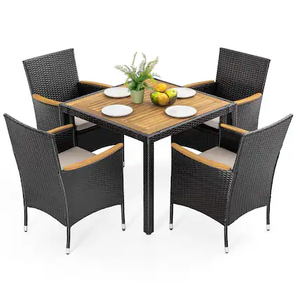 Front. Nuu Garden - 5-Piece Acacia Wood Wicker Patio Dining Set with Cushions - Black.