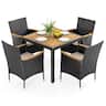 Nuu Garden - 5-Piece Acacia Wood Wicker Patio Dining Set with Cushions - Black