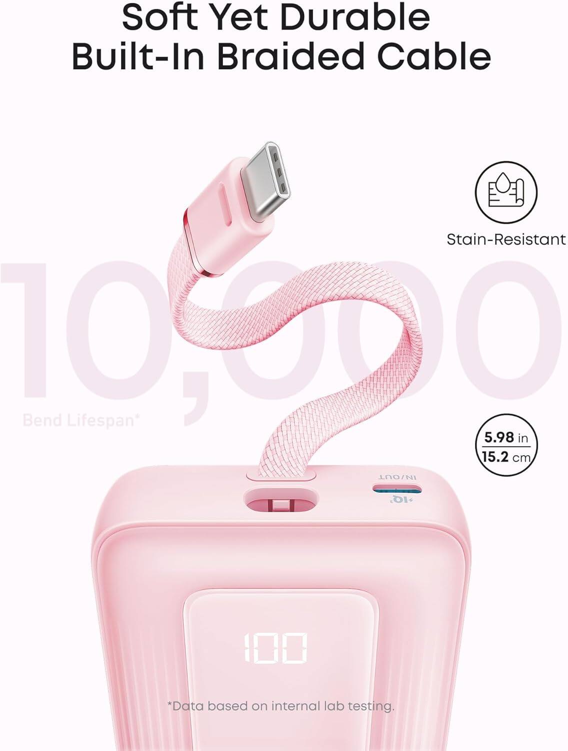 Soft Yet Durable Built-In Braided Cable  
Stain-Resistant  
Bend Lifespan*  
5.98 in / 15.2 cm  
IN/OUT IQ 100  
*Data based on internal lab testing.