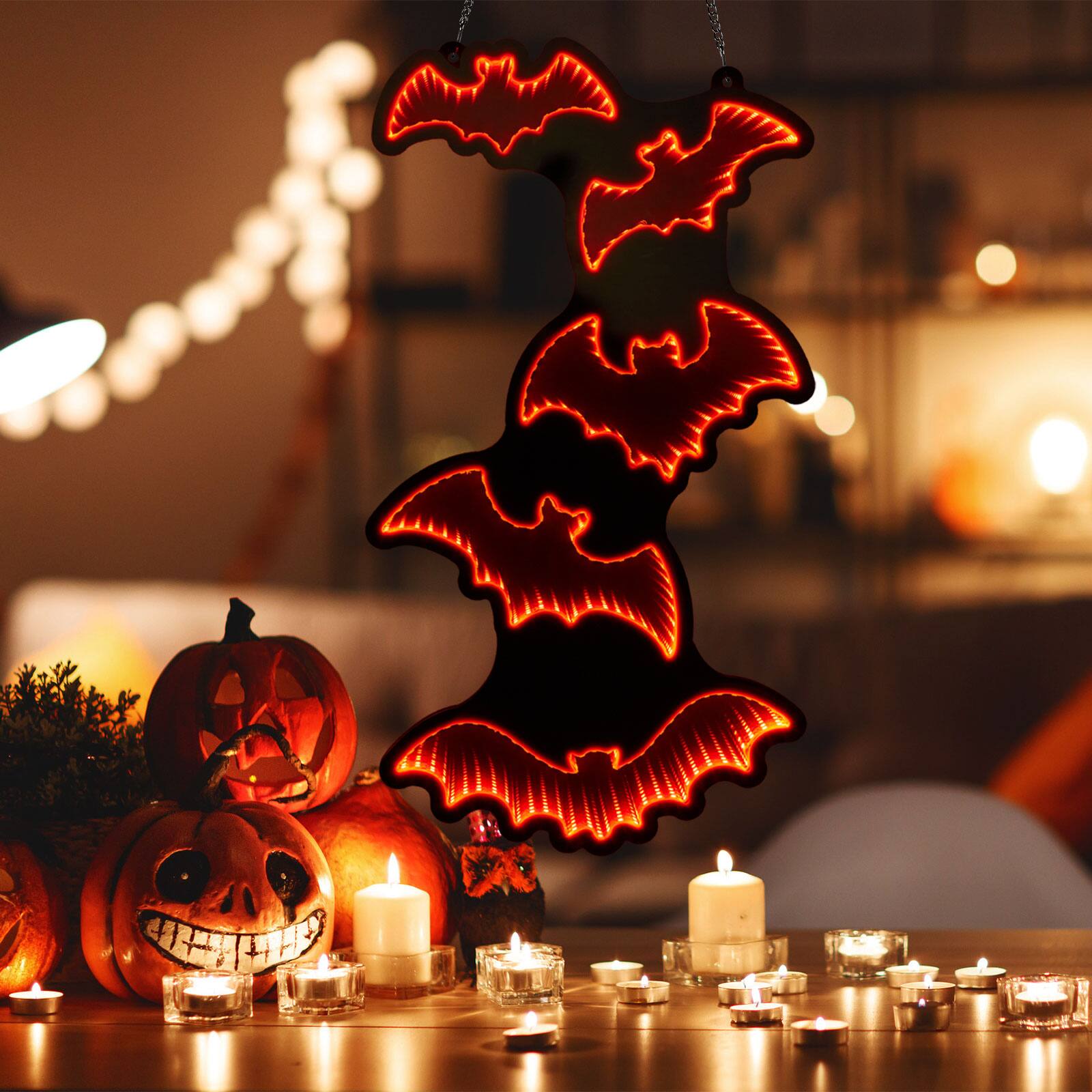 Alt View 1. Fitnate - Hallowmas Red 3D Mirror Bat LED Sign for Halloween Party - Red.