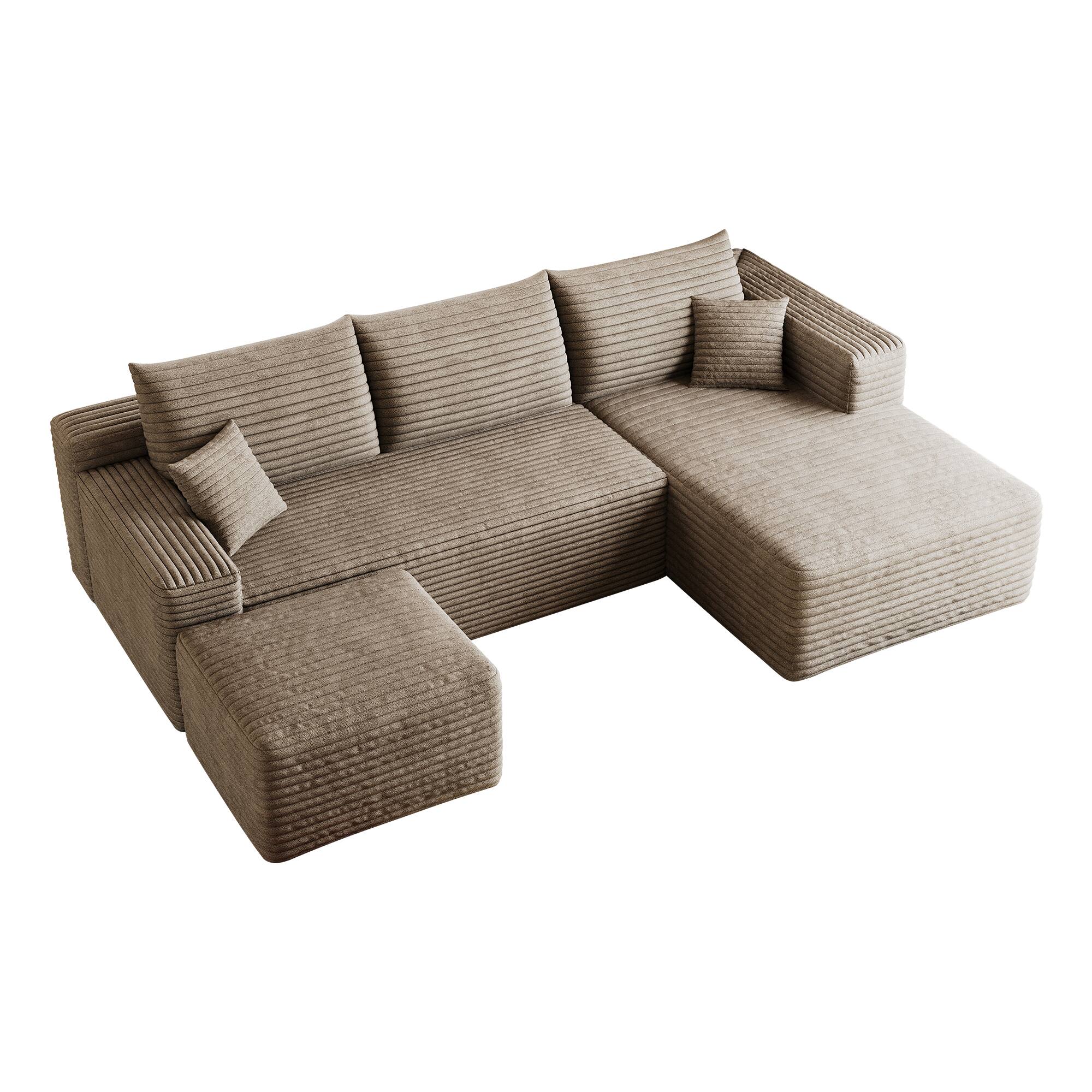 Back. Whisen - 95" U-Shaped Modular Sectional Sofa with 1 Ottoman, Plush Corduroy Fabric Deep Seat Corner Couch - Camel.