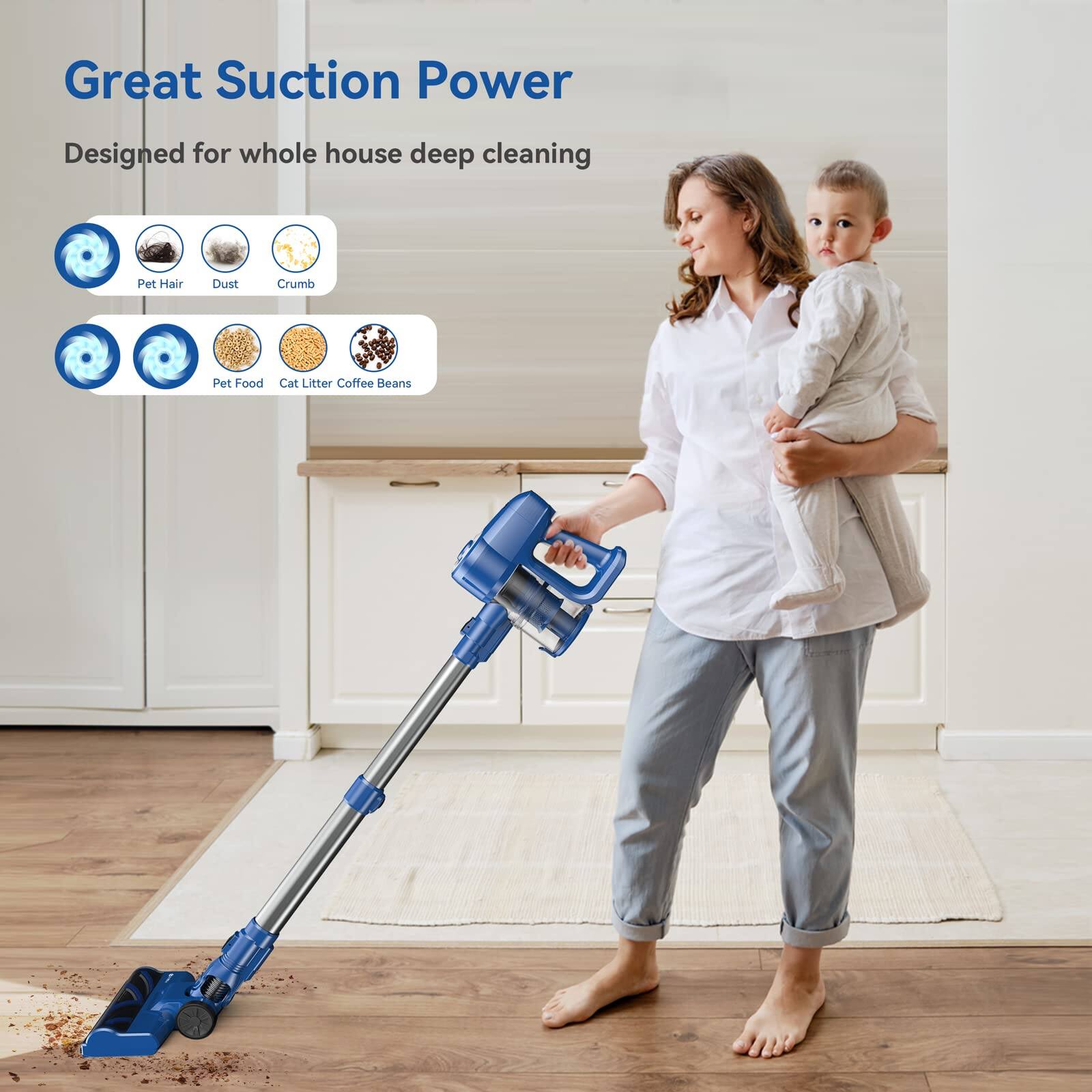 Great Suction Power  
Designed for whole house deep cleaning  

Pet Hair  
Dust  
Crumb  
Pet Food  
Cat Litter  
Coffee Beans