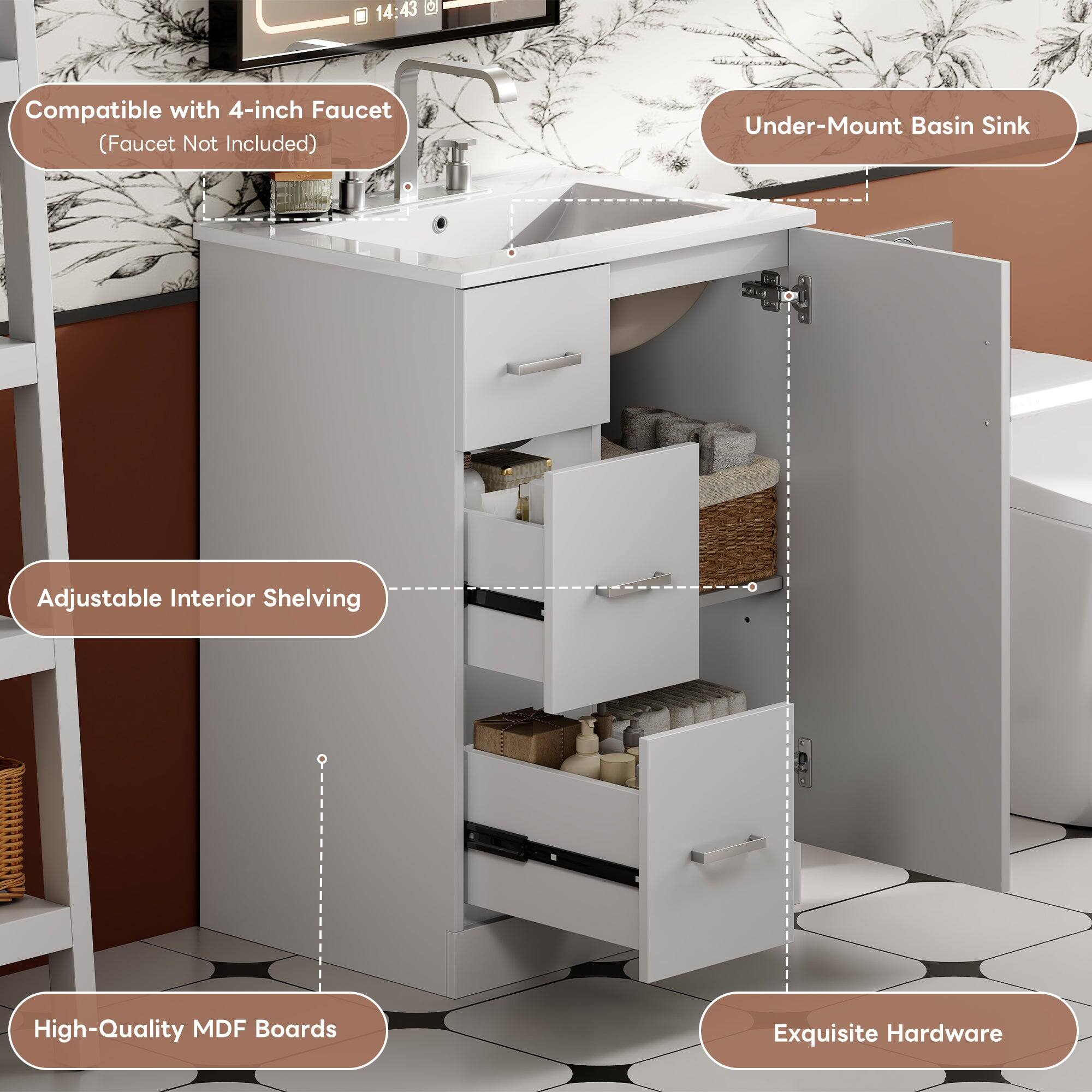 14:43 Compatible with 4-inch Faucet (Faucet Not Included) Under-Mount Basin Sink Adjustable Interior Shelving High-Quality MDF Boards Exquisite Hardware