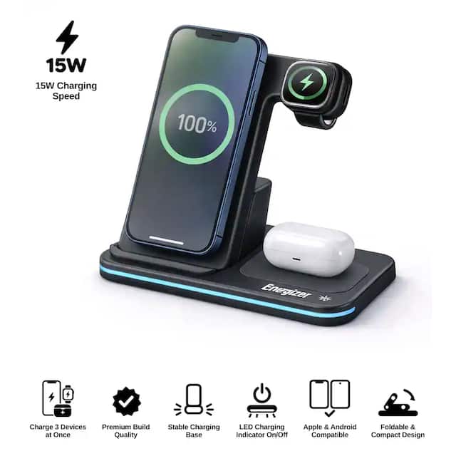 Energizer - 3-in-1 15W Foldable Qi Certified Fast 15W, Universal Charging Station/Stand Phones + AirPods + Apple Watch - Black
