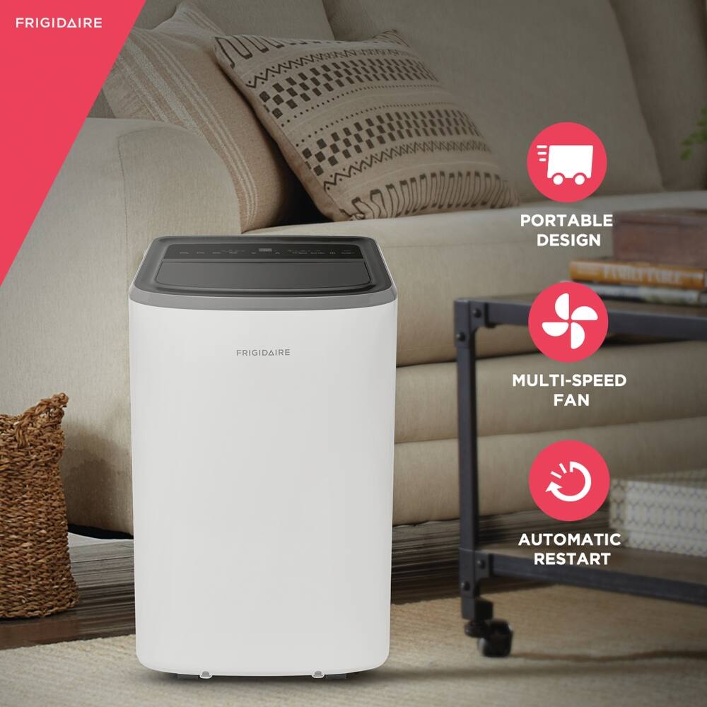 Frigidaire portable design, multi-speed fan, automatic restart.
