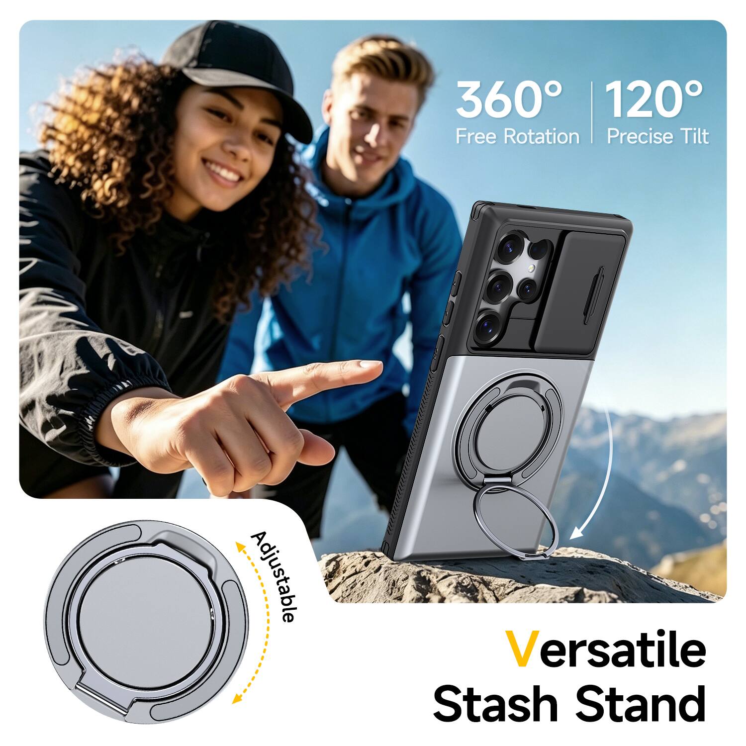360° Free Rotation  
120° Precise Tilt  
Adjustable  
Versatile Stash Stand
