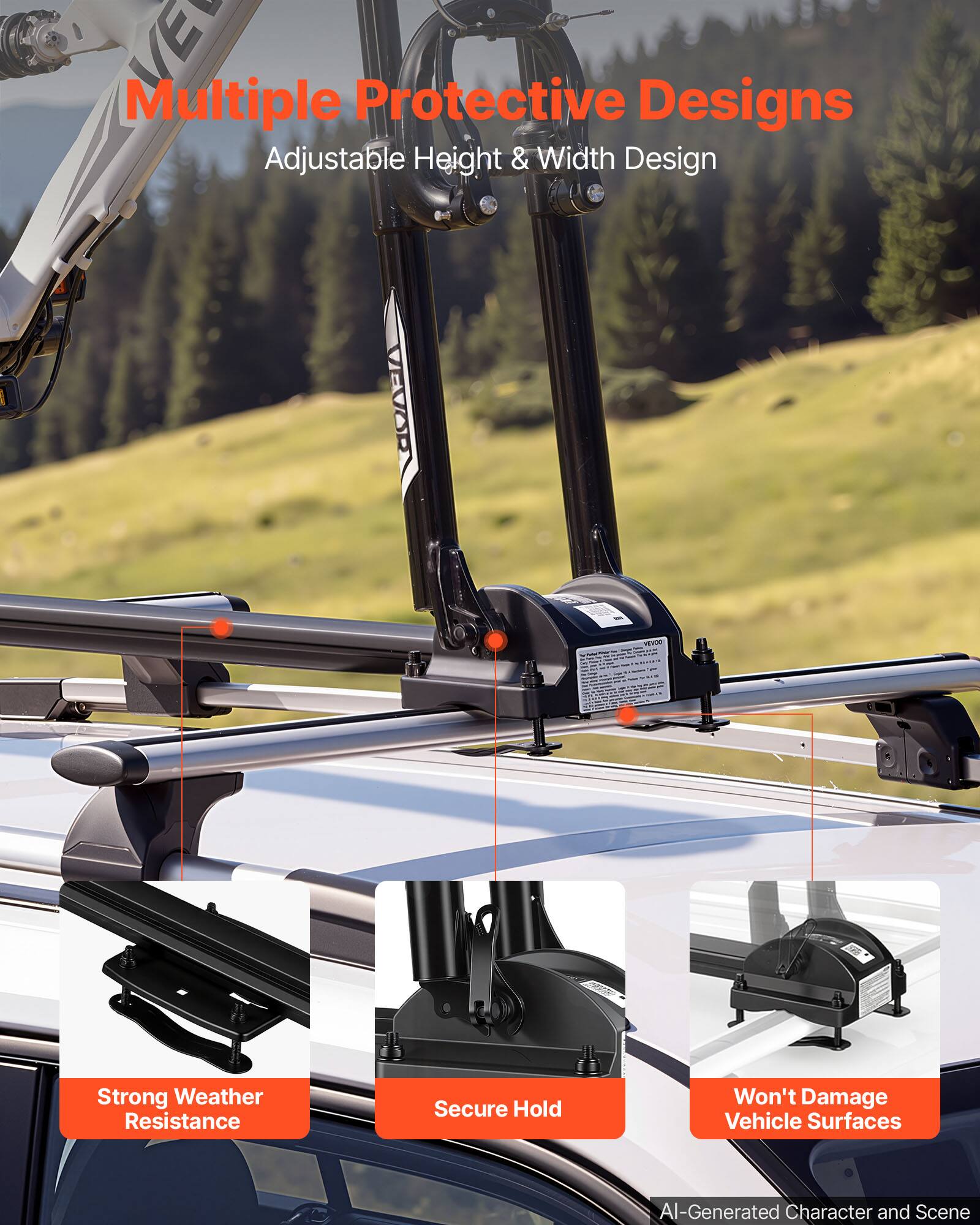 LVE 3 Multiple Protective Designs Adjustable Height & Width Design

- Strong Weather Resistance
- Secure Hold
- Won't Damage Vehicle Surfaces

AI-Generated Character and Scene