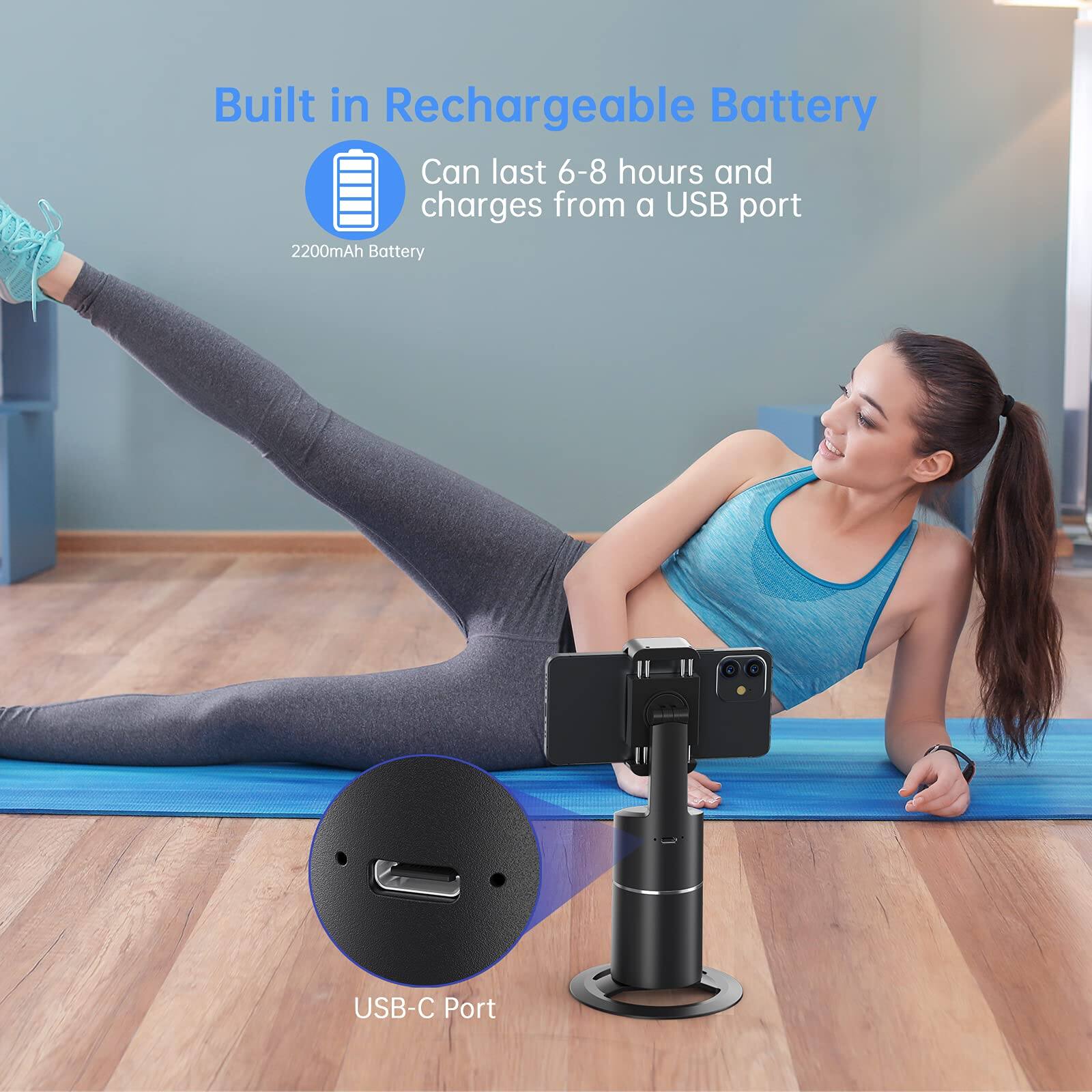 Built in Rechargeable Battery  
Can last 6-8 hours and charges from a USB port  
2200mAh Battery  
USB-C Port