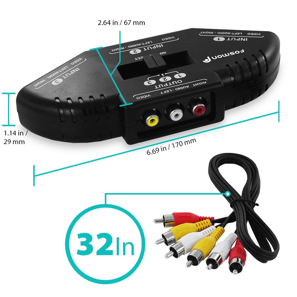 2.64 in / 67 mm  
1.14 in / 29 mm  
6.69 in / 170 mm  

AIDEO  
LEFT-AUDIO INPUT  
RIGHT-AUDIO INPUT  
VIDEO IN  
AIDEO  
VIDEO L INPUT  
AIDEO  
VIDEO R INPUT  
AIDEO  
VIDEO L OUTPUT  
AIDEO  
VIDEO R OUTPUT  

32 in